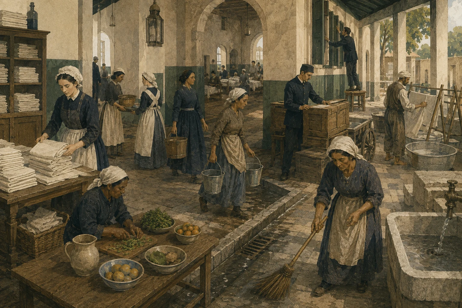 KI-generierte Illustration: Ein historisches Versorgungsteam organisiert in einem Militärhospital Wäsche, Wasser, Nahrung, Reinigung und Materialwege