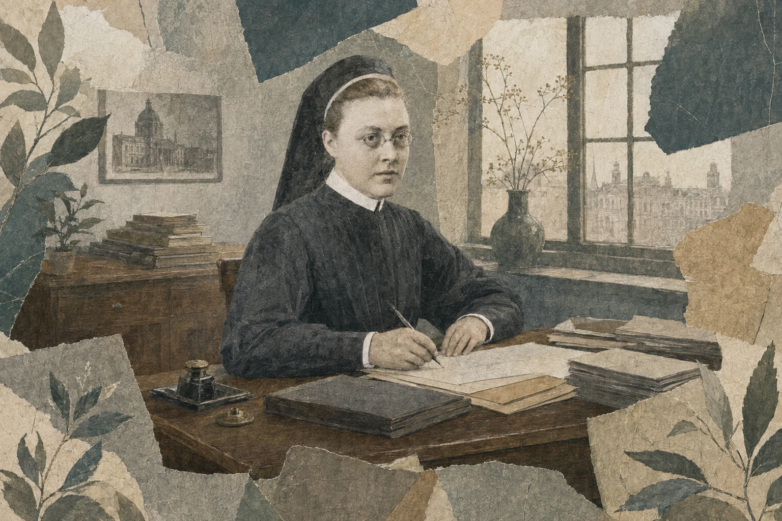 KI-generierte Illustration: Agnes Karll arbeitet um 1909 in einer historischen Interpretation an Korrespondenz und berufspolitischen Unterlagen