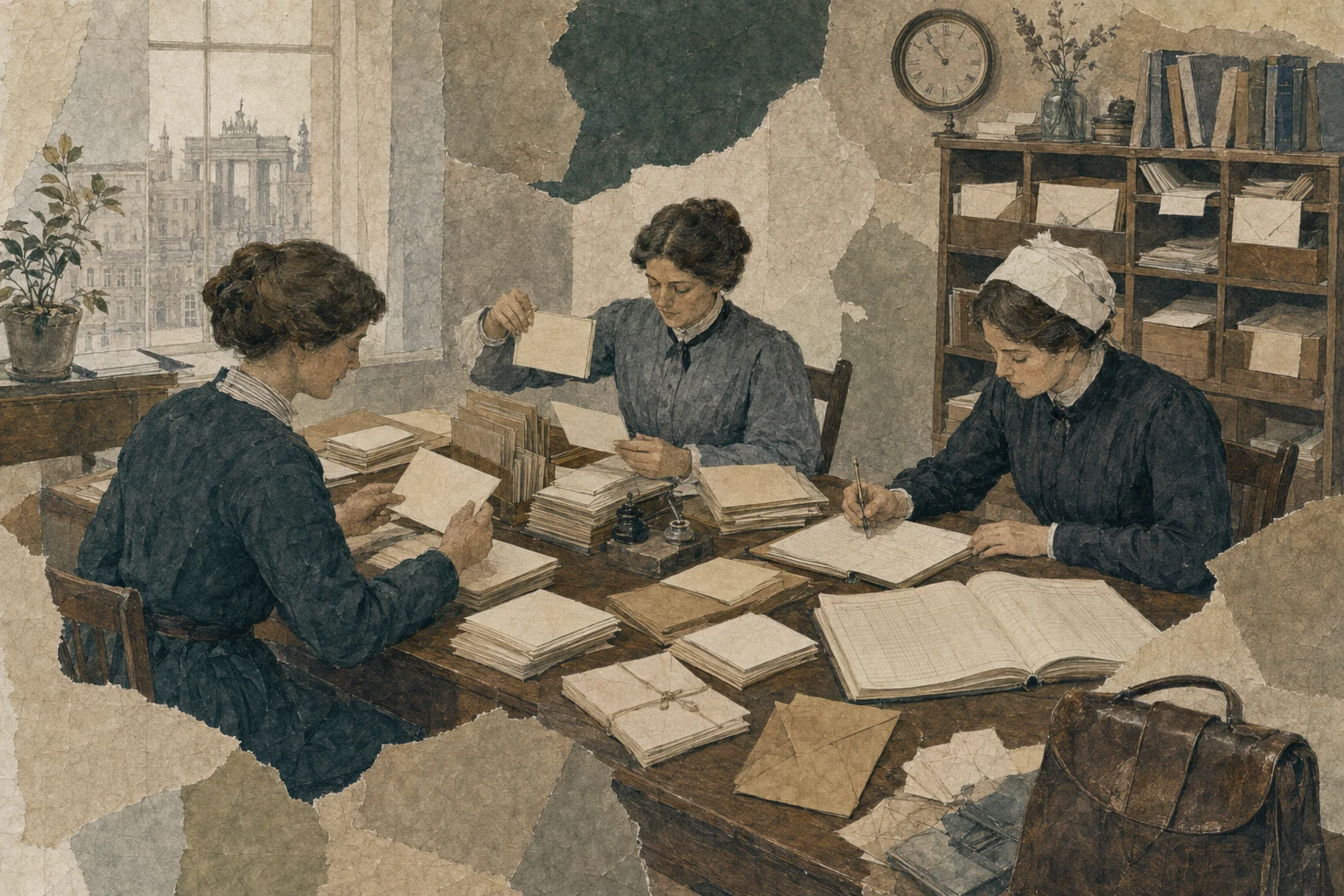 KI-generierte Illustration: Drei nicht identifizierbare Frauen ordnen in einem Verbandsbüro um 1905 Karteien, Vermittlungen und Korrespondenz