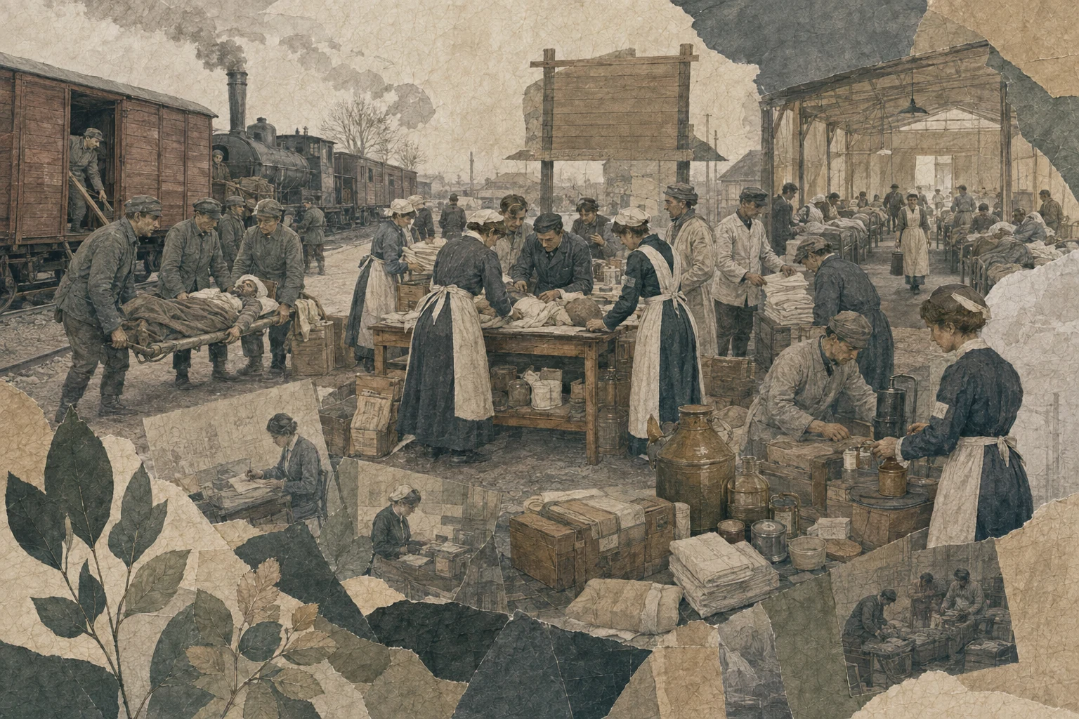 KI-generierte Illustration: Hinter der Front koordinieren Pflegende, Helfende und Krankenträger Transport, Material und Versorgung