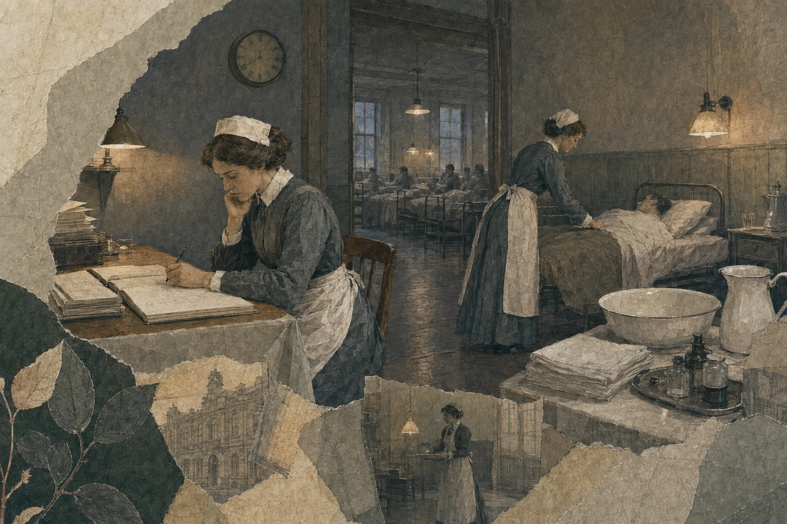 KI-generierte Illustration: Zwei nicht identifizierbare Pflegende versorgen und dokumentieren während eines langen Nachtdienstes um 1905