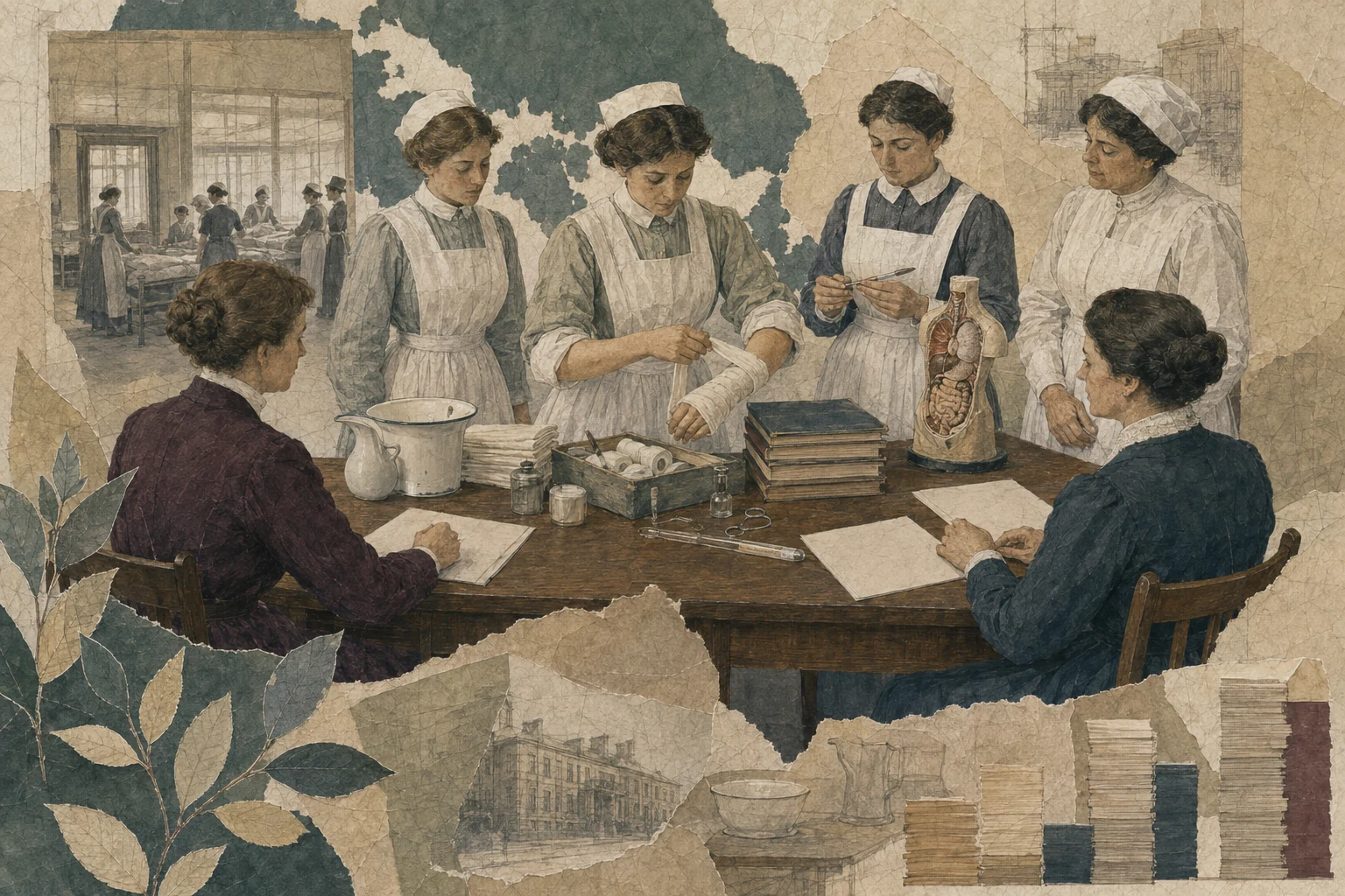 KI-generierte Illustration: Lernende zeigen an einem Prüfungstisch des Jahres 1907 Verbinden, Beobachten und Materialvorbereitung