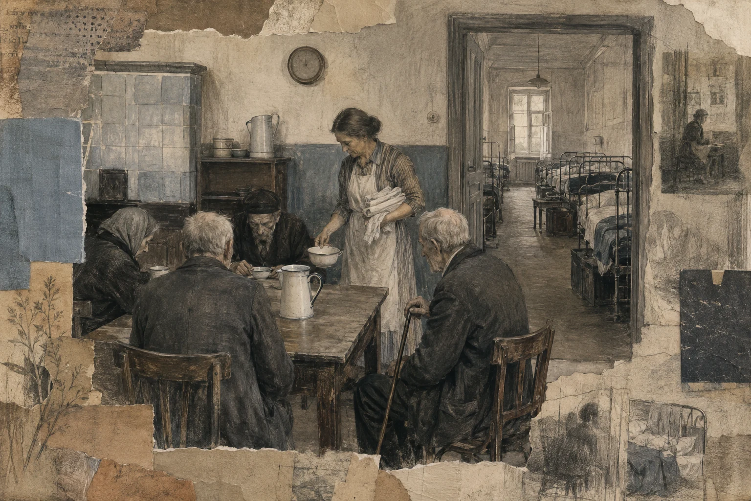 KI-generierte Illustration: Nicht identifizierbare ältere Menschen und eine Pflegende befinden sich um 1928 in einem schlichten gemeinschaftlichen Altenheim zwischen Mehrbettzimmer und kleinem Wohnbereich
