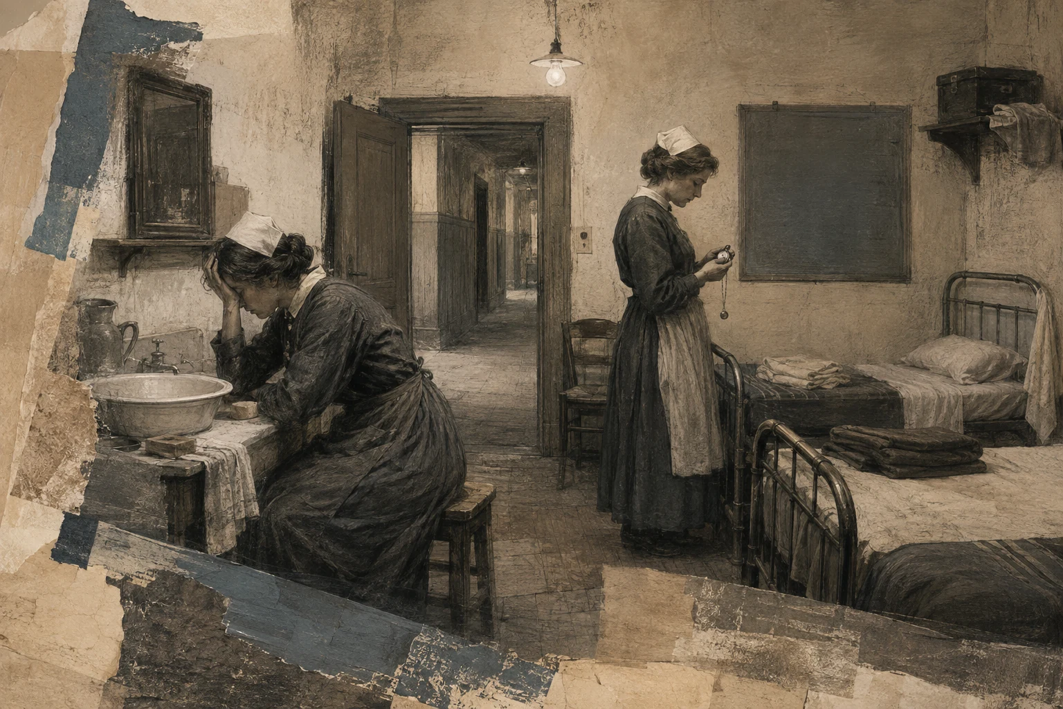 KI-generierte Illustration: Zwei nicht identifizierbare Krankenschwestern sitzen nach langem Dienst in einem einfachen Schwesternzimmer um 1924 zwischen Uhr, Bett und leerem Dienstplan