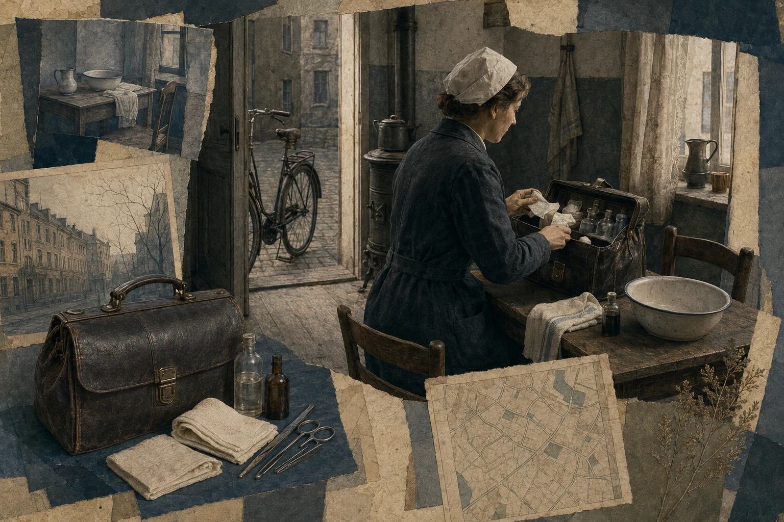 KI-generierte Illustration: Eine nicht identifizierbare Gemeindeschwester öffnet in einer Arbeiterwohnung um 1926 ihre Hausbesuchstasche neben Fahrrad, Waschschüssel und Kohleofen