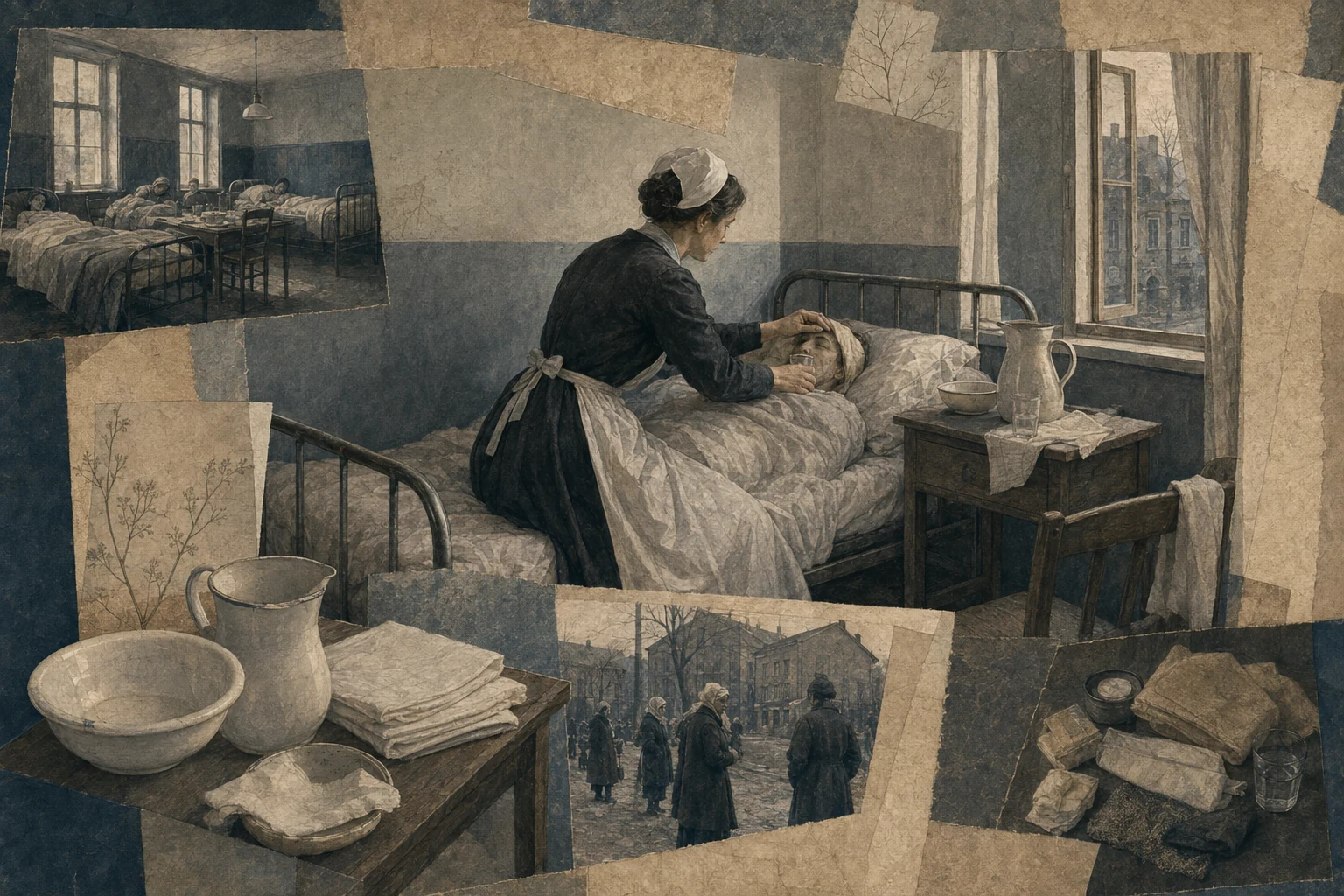 KI-generierte Illustration: In einem schlichten Krankenzimmer 1918 versorgt eine nicht identifizierbare Pflegende ruhig einen fiebernden Erwachsenen mit Wasser, Tüchern und Beobachtung