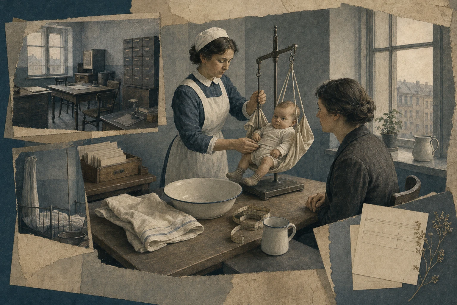 KI-generierte Illustration: Eine nicht identifizierbare Fürsorgerin wiegt um 1925 in einer Beratungsstelle einen Säugling, während die Mutter daneben sitzt