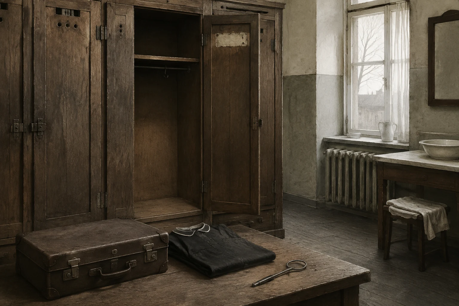 KI-generierte Illustration: Ein leergeräumter Spindplatz in einem Schwesternhaus der 1930er Jahre mit Koffer, gefalteter dunkler Arbeitskleidung und entfernter Namensleiste