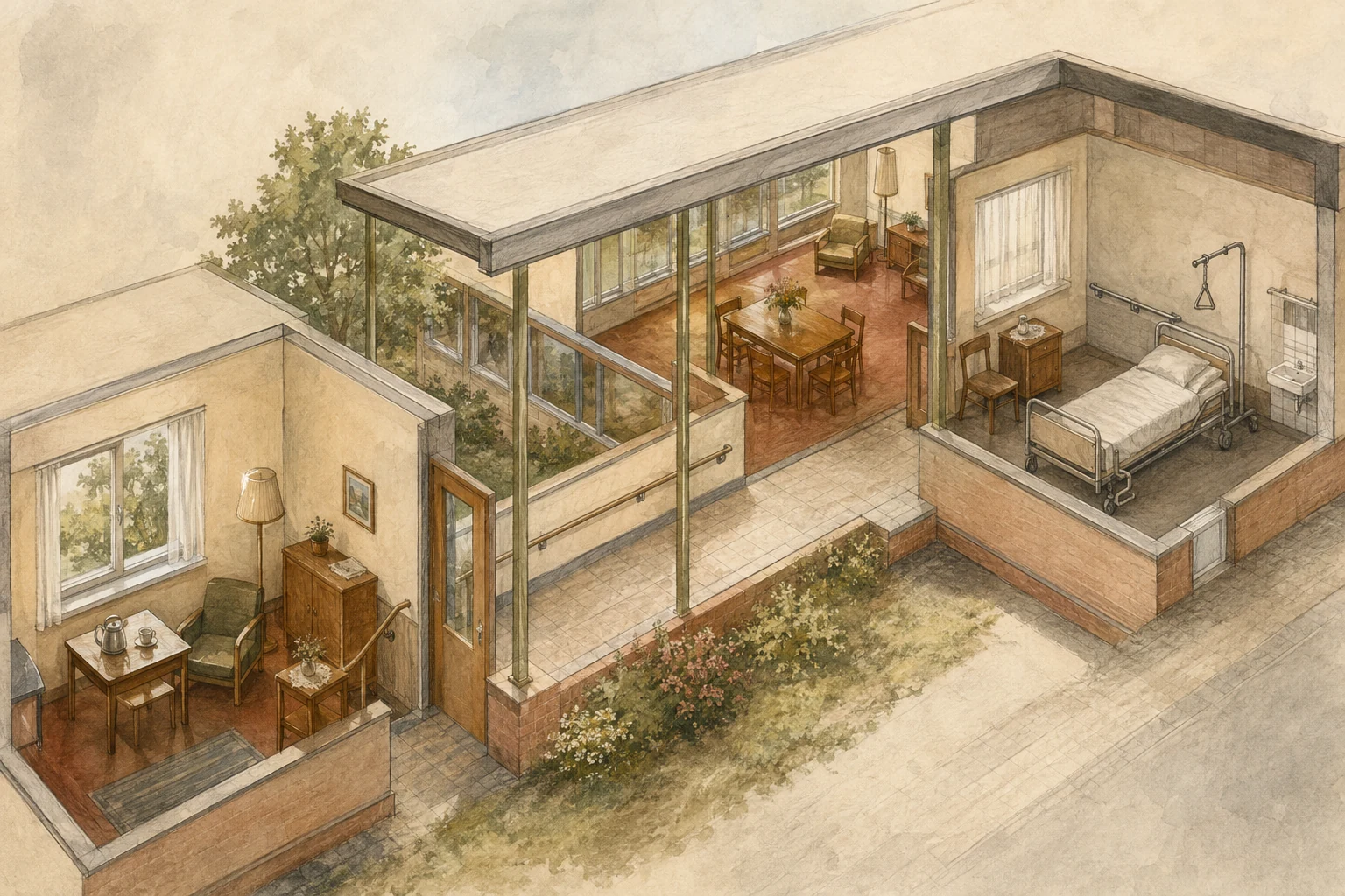 KI-generierte Illustration: Erfundenes architektonisches Schnittmodell verbindet Altenwohnung, gemeinschaftlichen Wohnbereich und Pflegezimmer