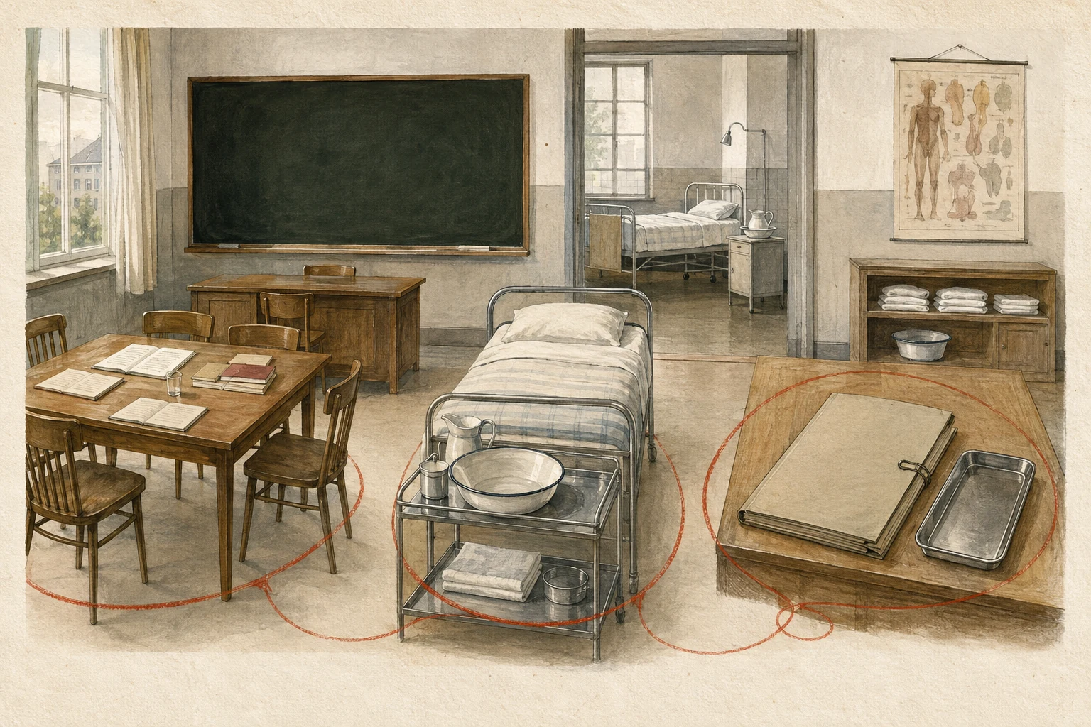 KI-generierte Illustration: Leerer Krankenpflege-Unterrichtsraum der 1950er Jahre mit Seminartisch, Übungsbett und geschlossener Gesetzesmappe