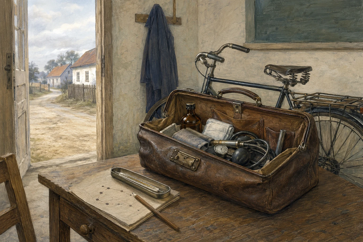 KI-generierte Illustration: Geöffnete Hausbesuchstasche, Blutdruckgerät und Fahrrad in einer ländlichen Gemeindeschwesternstation der frühen DDR