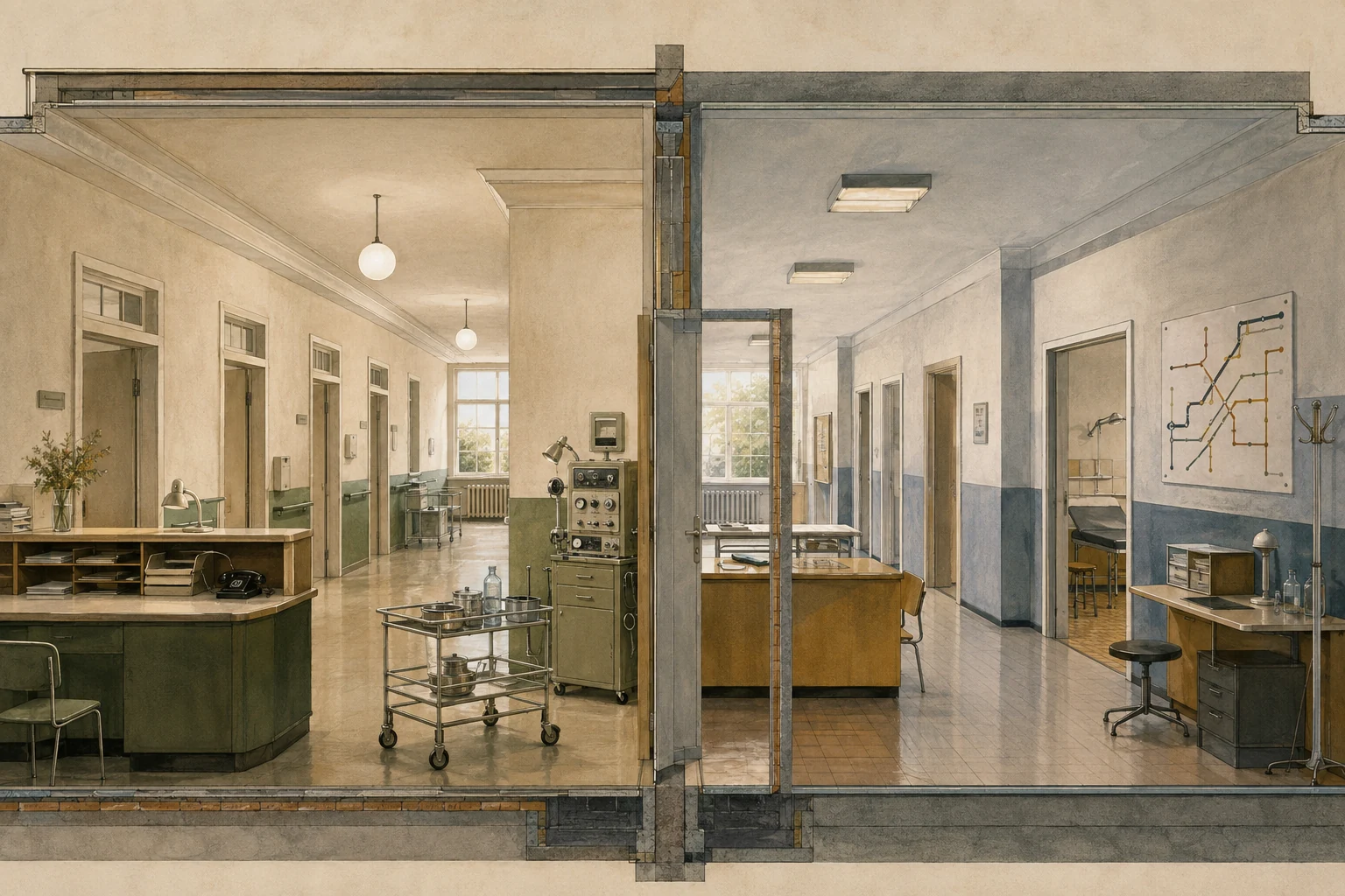 KI-generierte Illustration: Architektonischer Querschnitt verbindet einen westdeutschen Krankenhausflur mit dem Flur einer DDR-Poliklinik