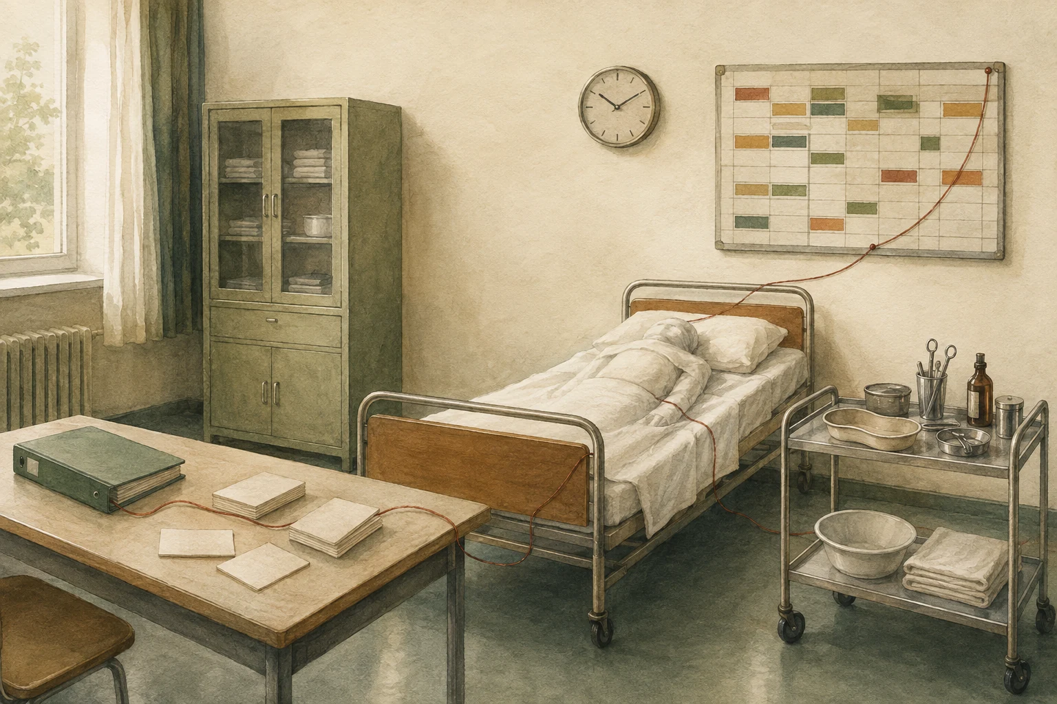 KI-generierte Illustration: Pflegeunterrichtsraum von 1985 mit Übungsbett, unbeschrifteten Lernkarten, Gesetzesmappe, Uhr und lückenhaftem Dienstplan