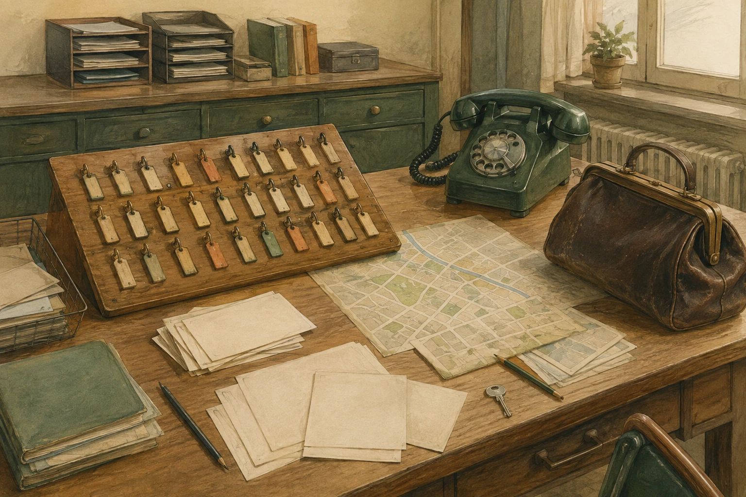 KI-generierte Illustration: Tourentisch einer Sozialstation der frühen 1970er Jahre mit Schlüsselbrett, Straßenkarten, Karteikarten, Telefon und Hausbesuchstasche