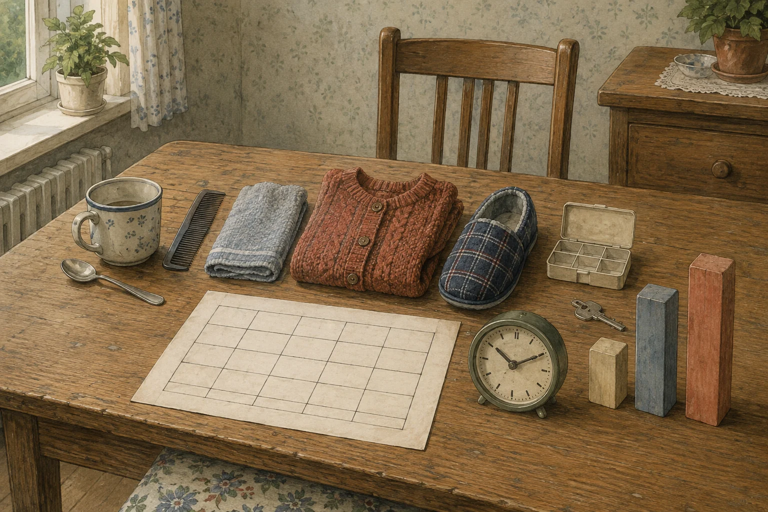 KI-generierte Illustration: Küchentisch von 1995 mit Tasse, Kamm, Waschlappen, Strickjacke, Hausschuh, leerem Raster, Uhr und drei Holzblöcken