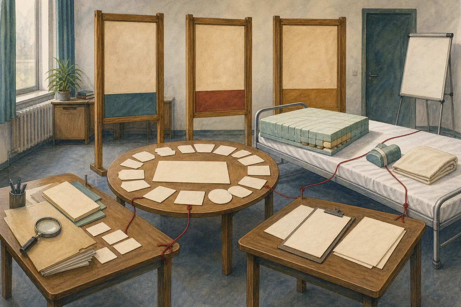 KI-generierte Illustration: Werkstattraum um 2000 mit Evidenzmappen, kreisförmigen Konsenskarten, leerem Auditbrett, Demonstrationsbett und druckentlastendem Matratzenmodell