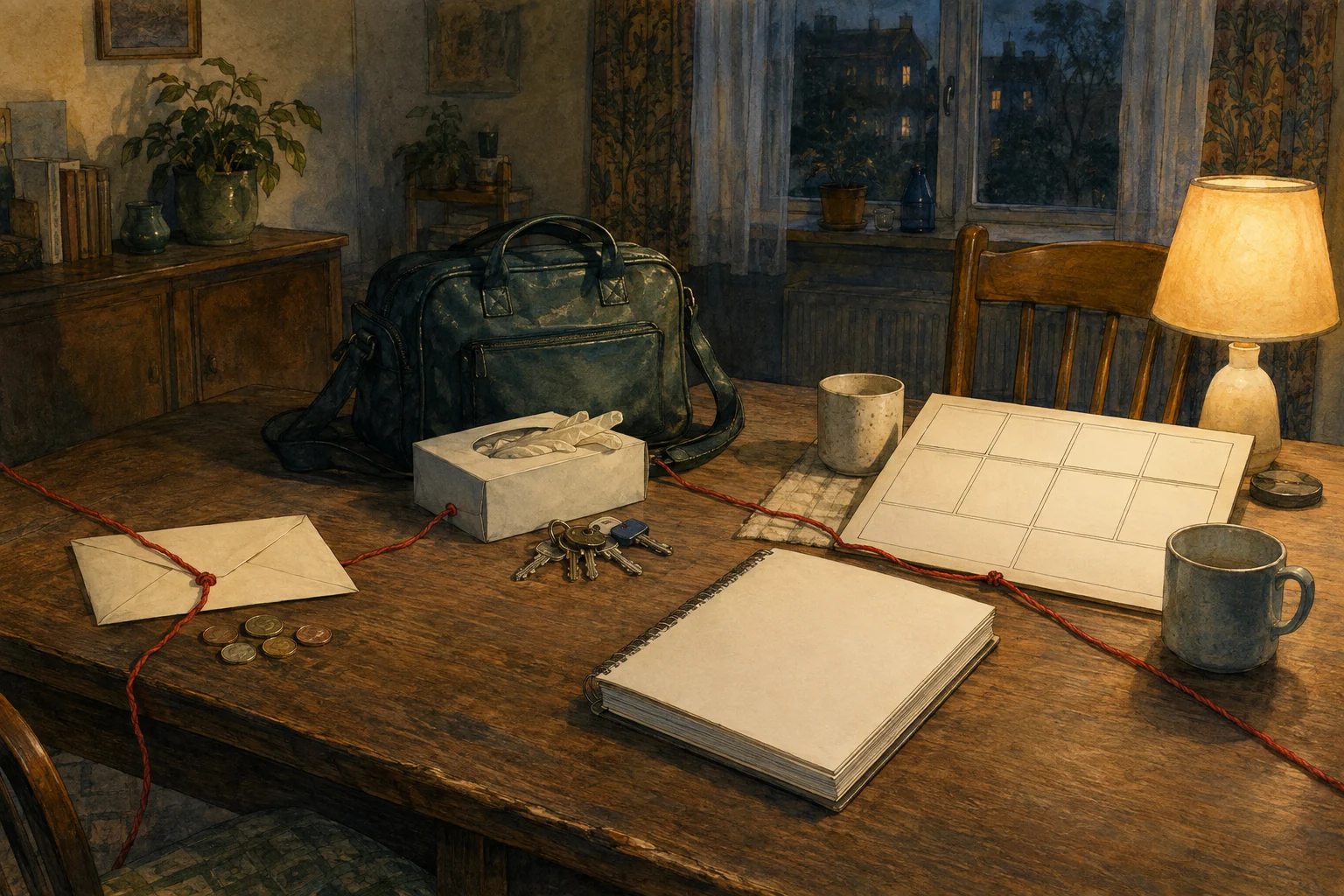 KI-generierte Illustration: Abendlicher Wohntisch mit leerem Geldumschlag, Pflegetasche, Schlüsseln, unbeschriftetem Wochenraster, zwei Tassen und rotem Verbindungsfaden