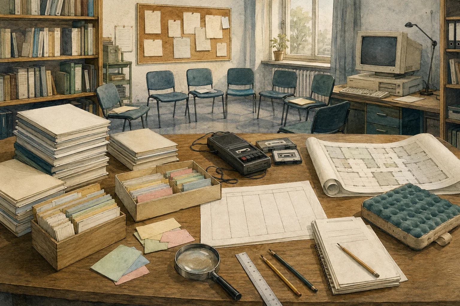 KI-generierte Illustration: Pflegewissenschaftlicher Seminar- und Forschungsraum der 1990er Jahre mit Karteikarten, Kassettenrekorder, Papierstapeln, frühem Computer, Raumplan und Sitzkissen