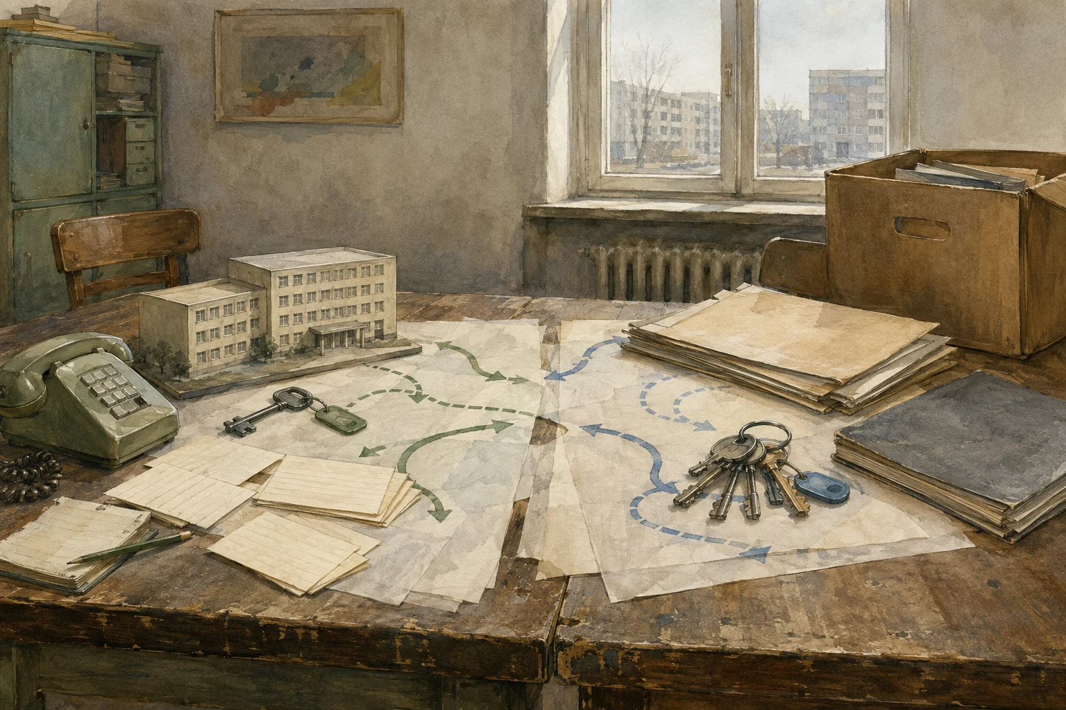 KI-generierte Illustration: Übergabetisch um 1990 mit Poliklinikmodell, Telefon, Schlüsseln, Routenpapieren, Vertragsmappen und Umzugskarton