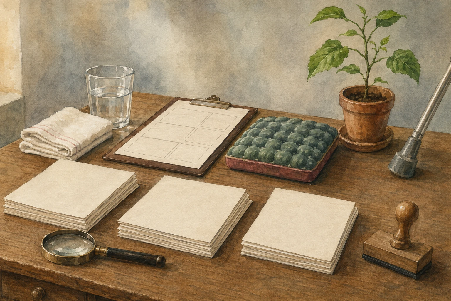 KI-generierte Illustration: Prüftisch der späten 2000er Jahre mit leeren Bögen, Stempel, Lupe, Pflegegegenständen und einer Pflanze als Sinnbild beobachtbarer Ergebnisse
