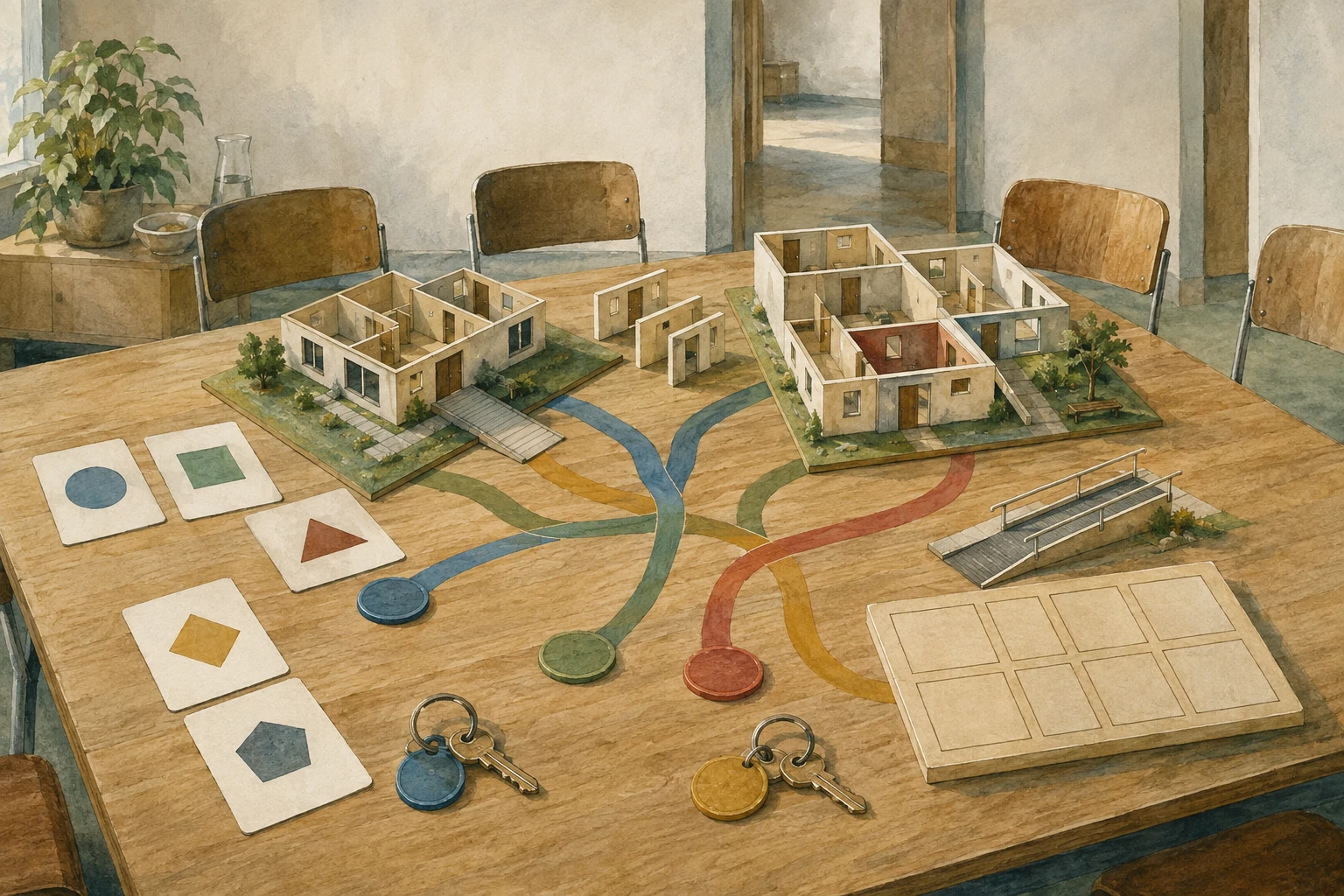 KI-generierte Illustration: Barrierefreier Planungstisch mit Wohnungsmodell, Schlüsseln, Kommunikationskarten, Weglinien und mehreren gleichwertigen Sitzplätzen