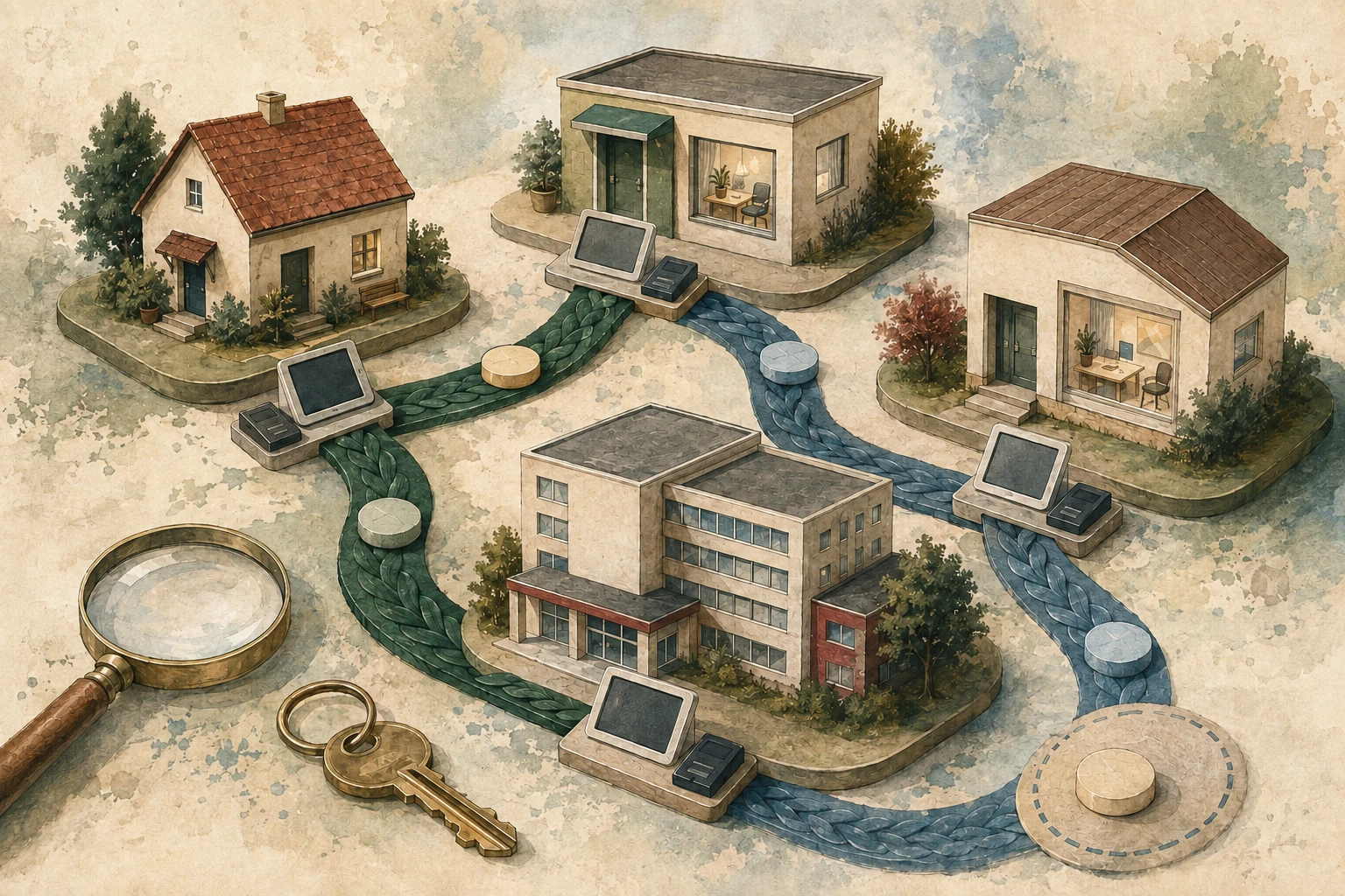KI-generierte Illustration: Modelle von Wohnung, Pflegedienst, Praxis und Klinik sind durch sichere abstrakte Geräte und Übergabemarken verbunden