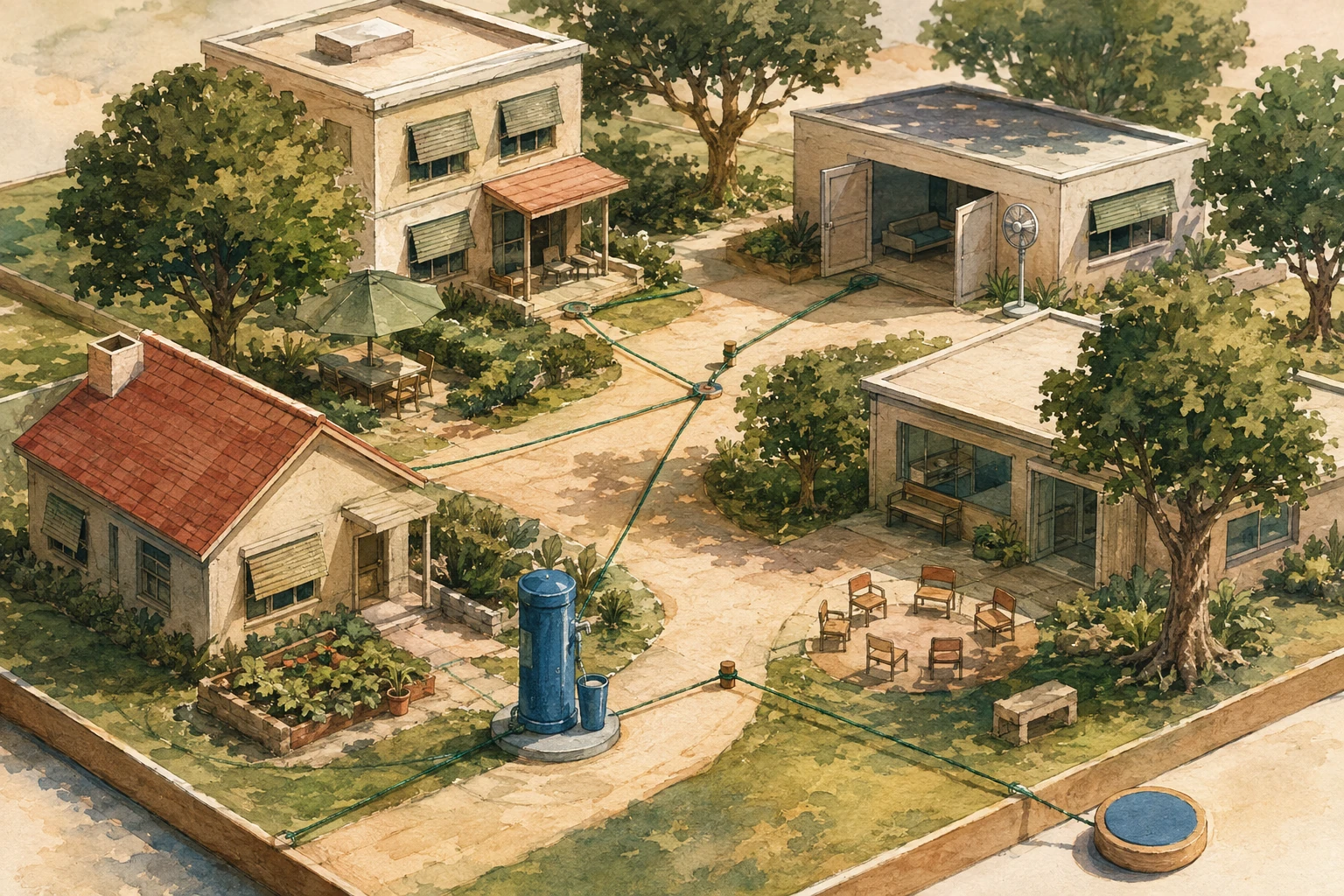 KI-generierte Illustration: Quartiersmodell mit Wohnung, Pflegeeinrichtung, Praxis, schattigen Wegen, Wasserstelle, kühlem Raum und verbindenden Pfaden