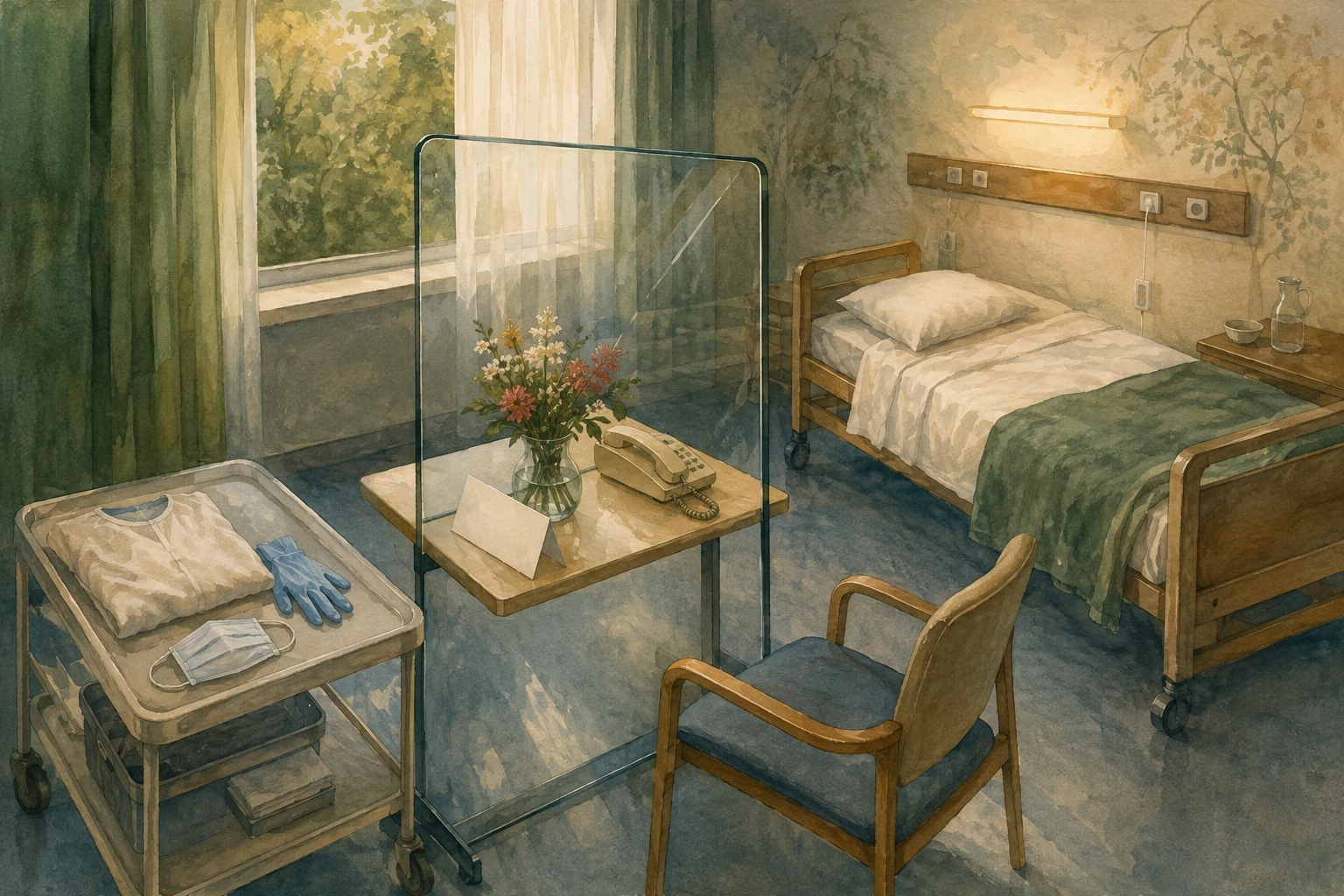 KI-generierte Illustration: Leerer Pflegewohnraum mit Schutzmaterial, transparenter Barriere, Telefon, Blumen und freiem Besuchsstuhl
