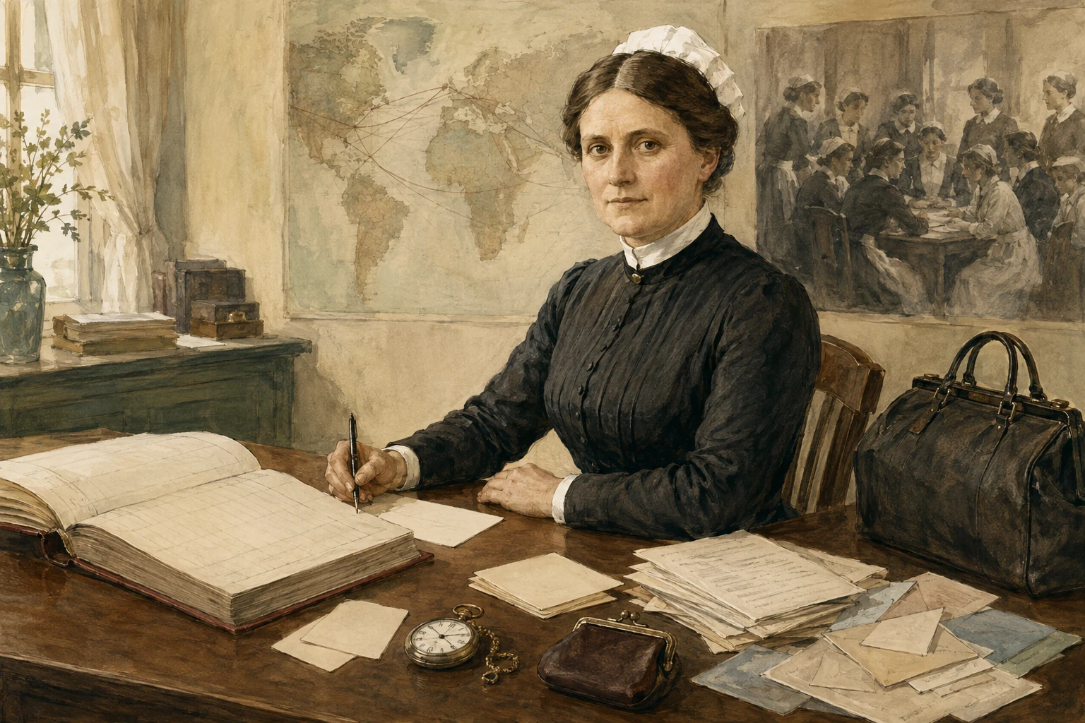 KI-generierte Illustration: Agnes Karll sitzt in dunkler Schwesternkleidung an einem Verbandsschreibtisch mit Mitgliedsbuch, Briefen, Uhr, Geldbörse und Reisetasche