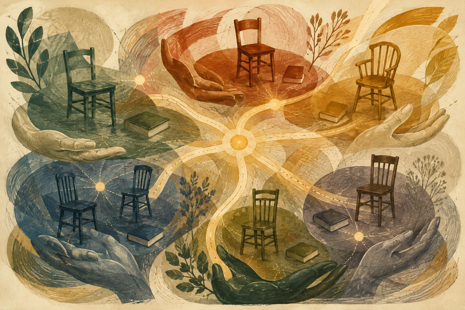 KI-generierte Illustration: Leere Stühle, offene Hände und Lichtwege bilden ein dichtes Netzwerk zwischen Versorgung, Freundschaft, Wissen und Öffentlichkeit