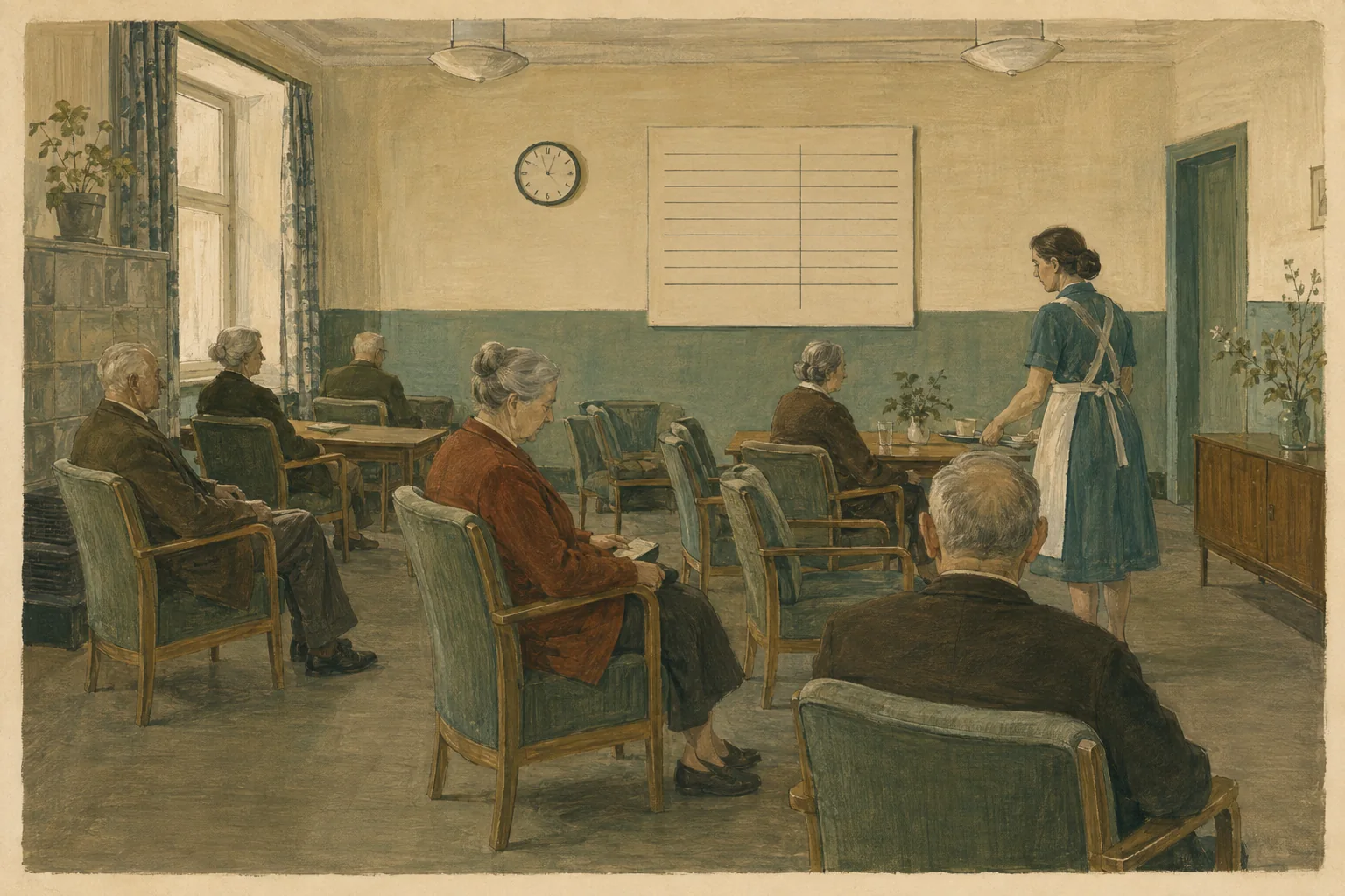 KI-generierte Illustration: Ein frei erfundener Gemeinschaftsraum eines Altenheims der 1950er Jahre mit gleichförmiger Möblierung und institutionellem Tagesablauf