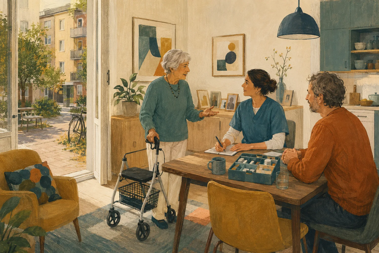 KI-generierte Illustration: Eine fiktive ältere Person bespricht zuhause mit Angehörigem und Pflegefachperson ihren Alltag, während der vertraute Hof sichtbar bleibt