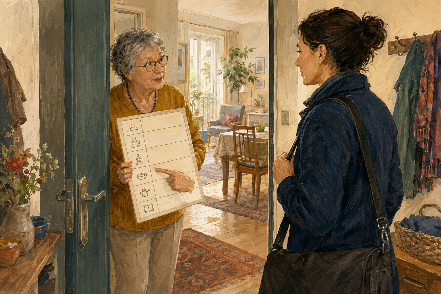 KI-generierte Illustration: Eine fiktive ältere Person öffnet einer ambulanten Pflegefachperson die eigene Wohnung und zeigt, wie die Unterstützung in ihren Tagesablauf passen soll