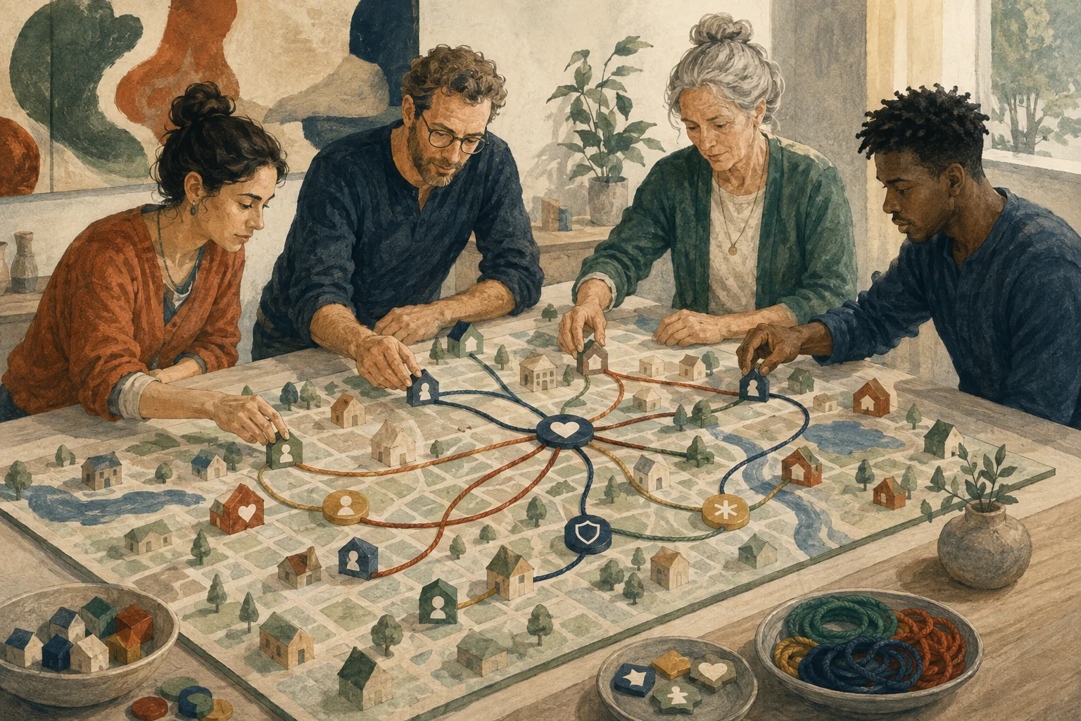 KI-generierte Illustration: Ein fiktives Pflegeteam ordnet ein abstraktes Netz vieler Wohnungen, Fahrwege, Zeitfenster und erreichbarer Rückfragen um die Bedürfnisse einzelner Menschen