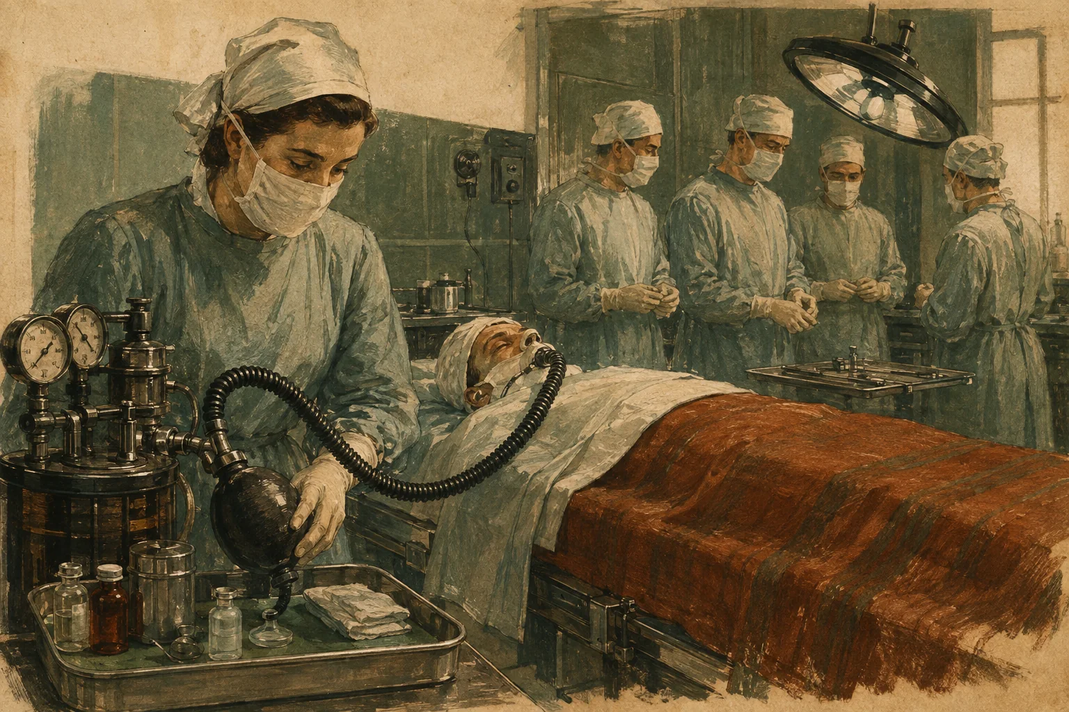 KI-generierte Illustration: Eine fiktive historische Anästhesiepflegefachperson überwacht manuelle Beatmung, einfache Anzeigen und einen narkotisierten Patienten