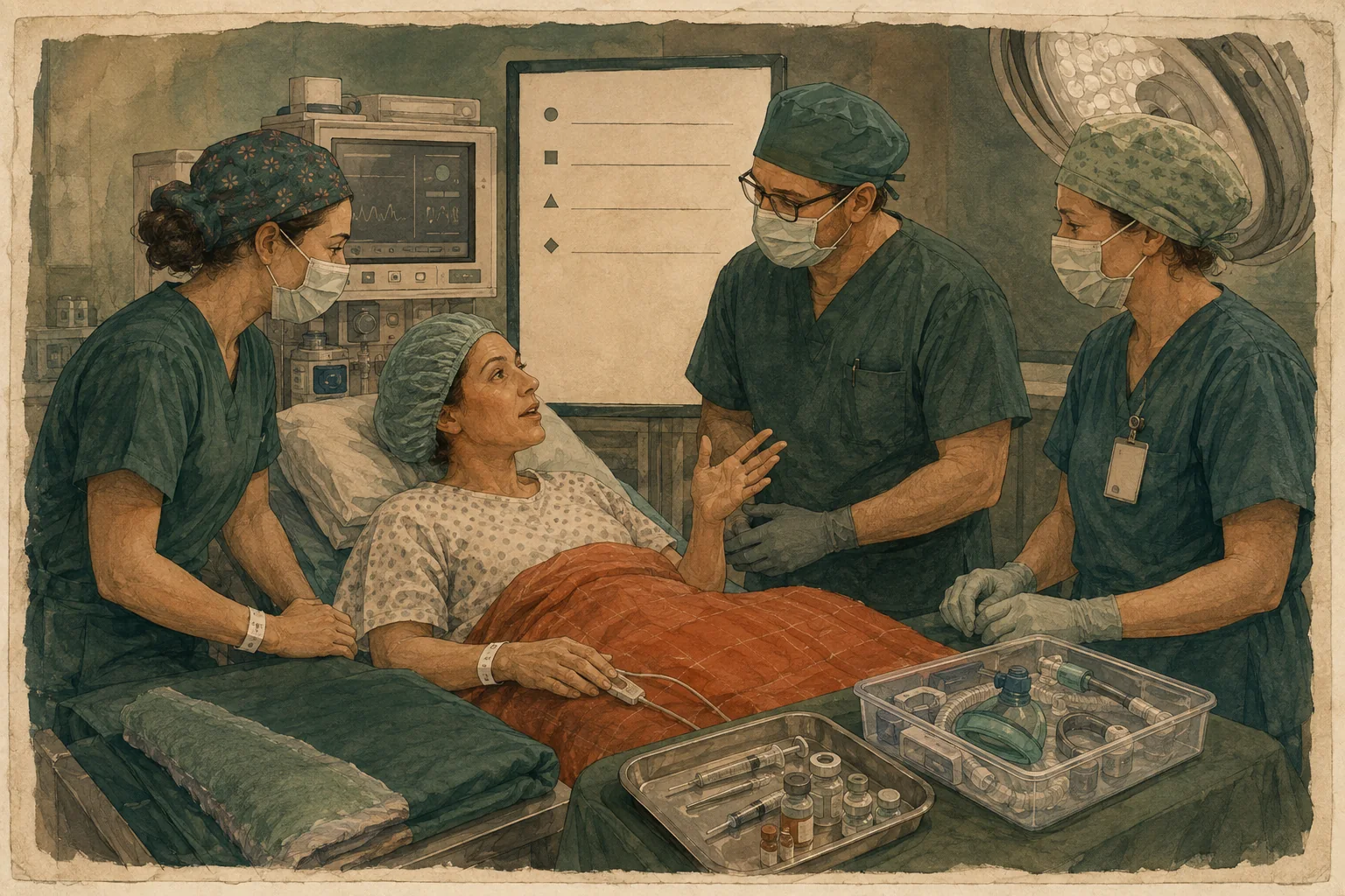 KI-generierte Illustration: Eine fiktive Patientin spricht vor der Narkose mit dem Anästhesieteam in einer gemeinsamen Sicherheitspause