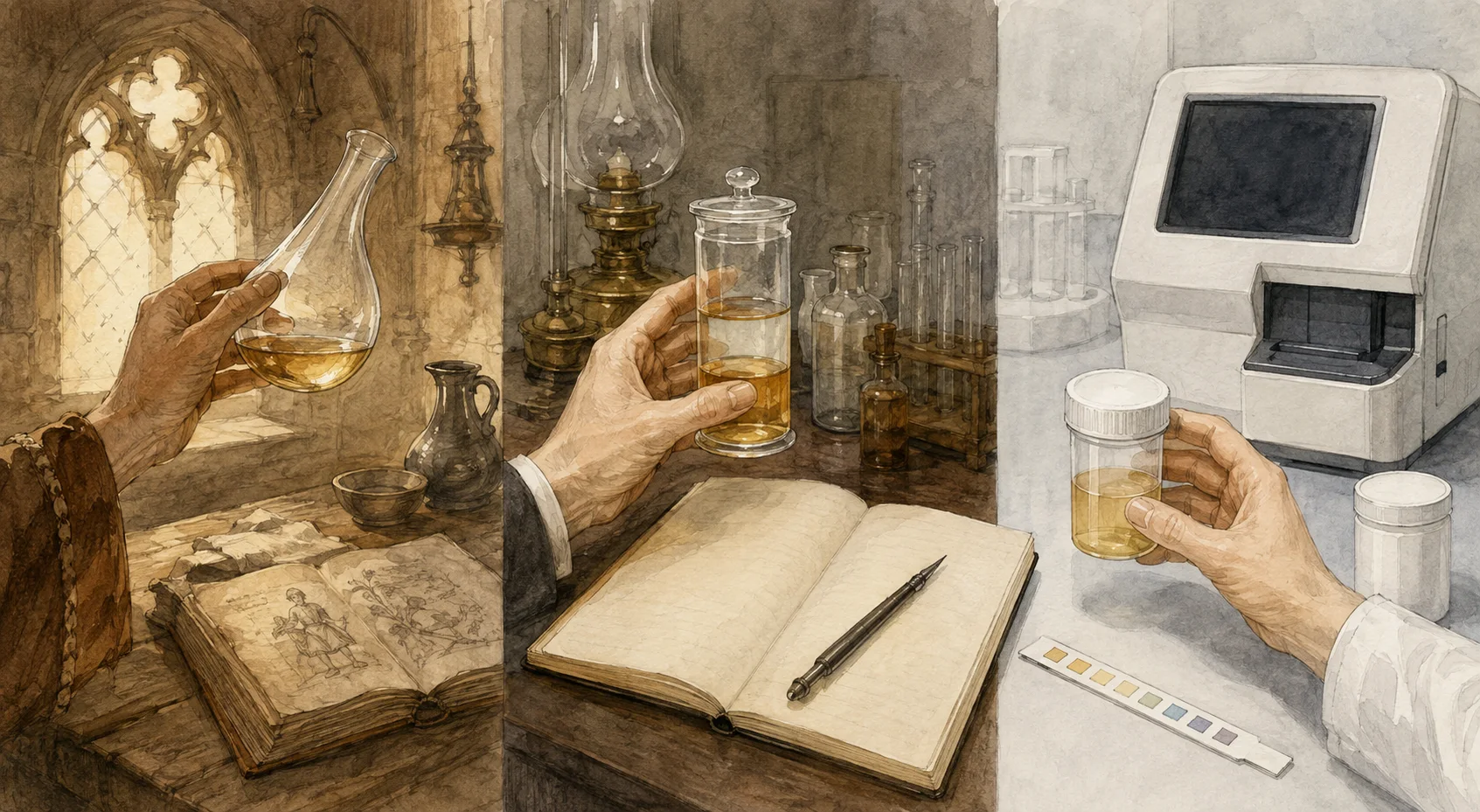 KI-generierte Illustration: Drei Zeitszenen verbinden mittelalterliche Harnschau, spätere Probenbeschreibung und moderne Laboranalyse