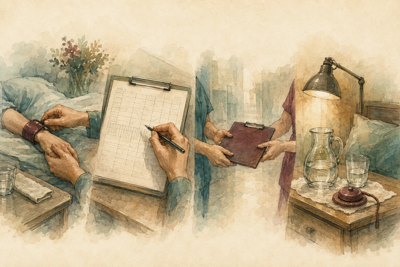 KI-generierte Illustration: Messung am Bett, Eintrag in ein leeres Raster, Übergabe und erneute Aufmerksamkeit am Bett bilden eine Handlungskette