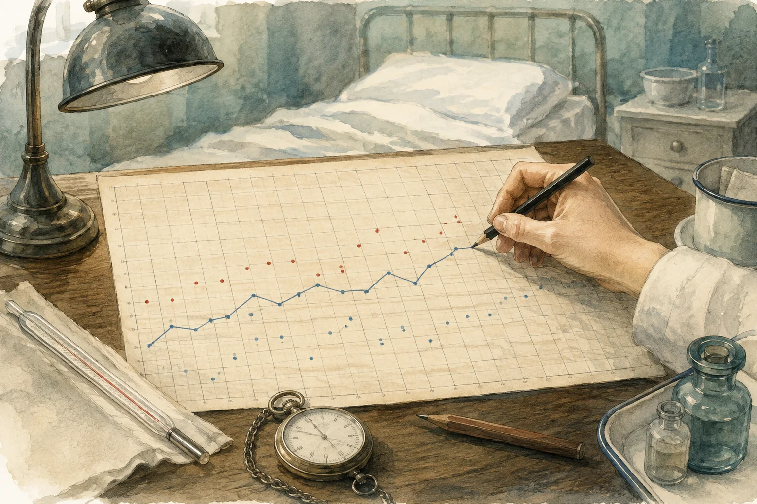 KI-generierte Illustration: Eine Hand verbindet Messpunkte auf einer großen, unbeschrifteten Beobachtungskurve neben Bett, Thermometer und Uhr