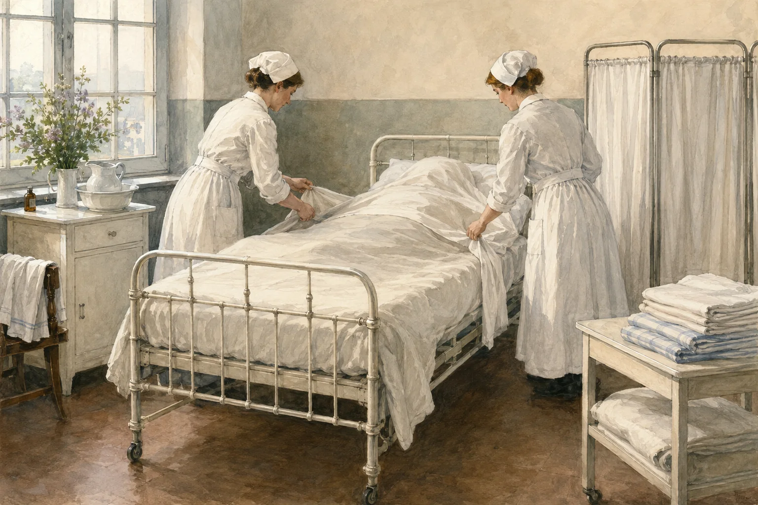 KI-generierte Illustration: Zwei Pflegelernende machen in einem historischen Krankenzimmer gemeinsam ein belegtes Eisenbett