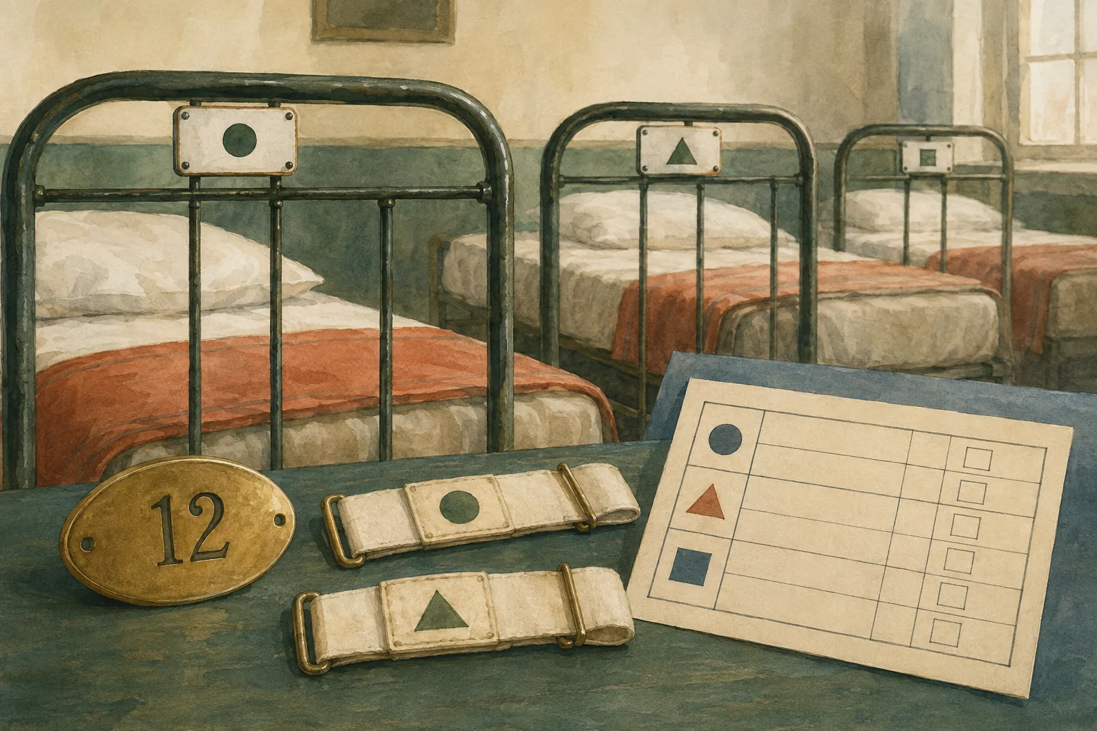 KI-generierte Illustration: Drei leere historische Bettgestelle tragen geometrische Platzmarken, davor liegen ein neutrales Messingschild mit der Zahl zwölf und leere Prüfbänder