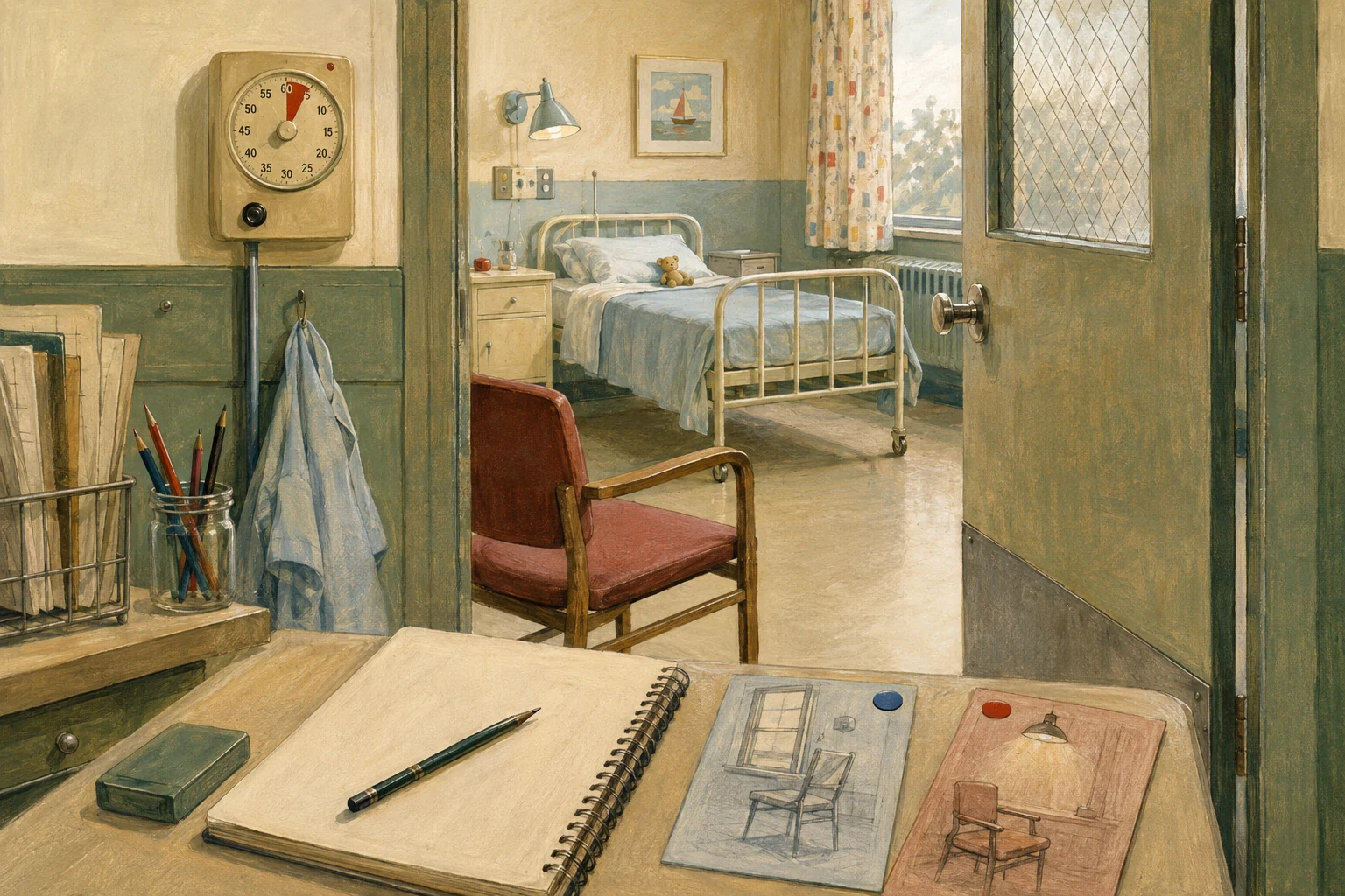 KI-generierte Illustration: Vor einem leeren Kinderkrankenzimmer der frühen 1960er Jahre stehen ein unbesetzter Elternstuhl und ein Forschungsnotizbuch
