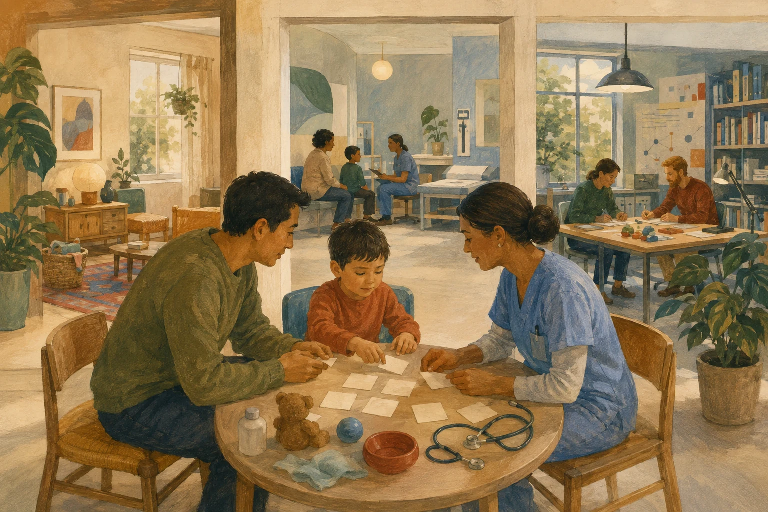 KI-generierte Illustration: Ein fiktives Kind, ein Elternteil und eine Pflegefachperson beraten auf Augenhöhe, verbunden mit Zuhause und Forschungsraum
