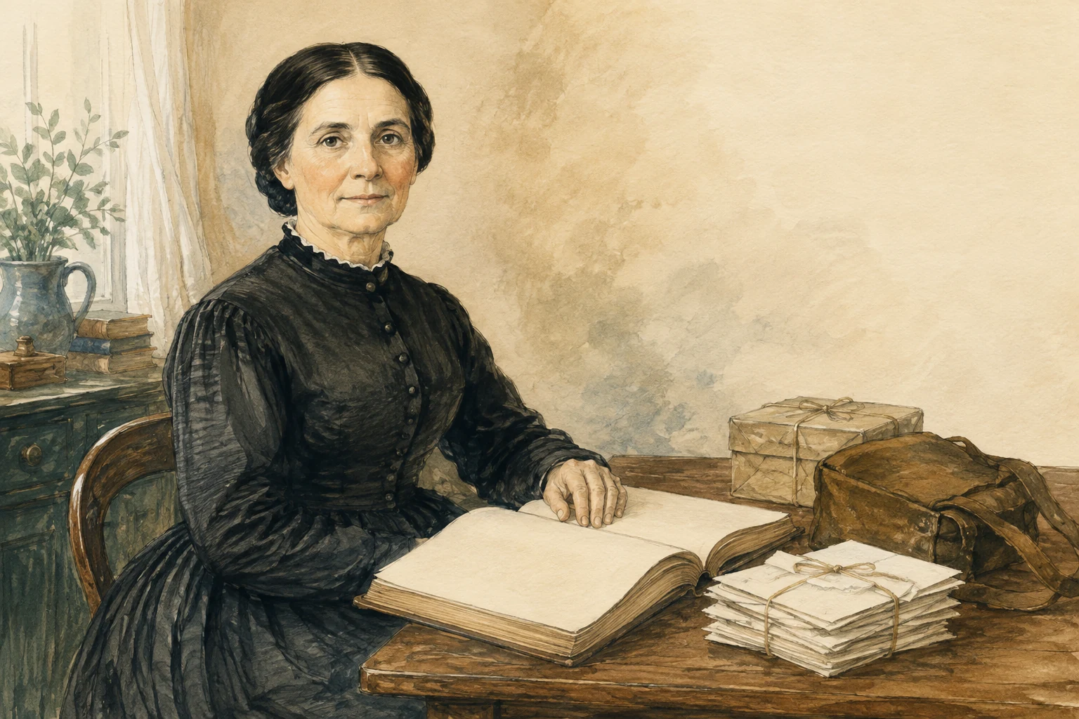 KI-generierte Illustration: Clara Barton sitzt in einem erfundenen Arbeitsraum an einem leeren Korrespondenzbuch zwischen Briefbündeln, Versorgungspaket und Tasche