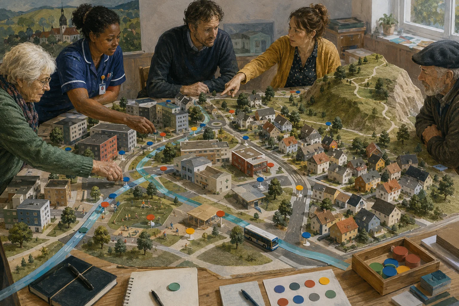 KI-generierte Illustration: Eine fiktive Community Health Nurse, Bewohner und kommunale Planung untersuchen gemeinsam ein Stadt-Land-Quartiersmodell