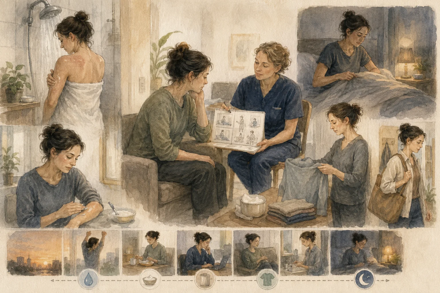 KI-generierte Illustration: Eine fiktive Person ordnet mit einer Pflegefachperson Baden, unbeschriftete Hautpflege, Kleidung, Arbeit und Schlaf zu einem tragfähigen Tagesablauf