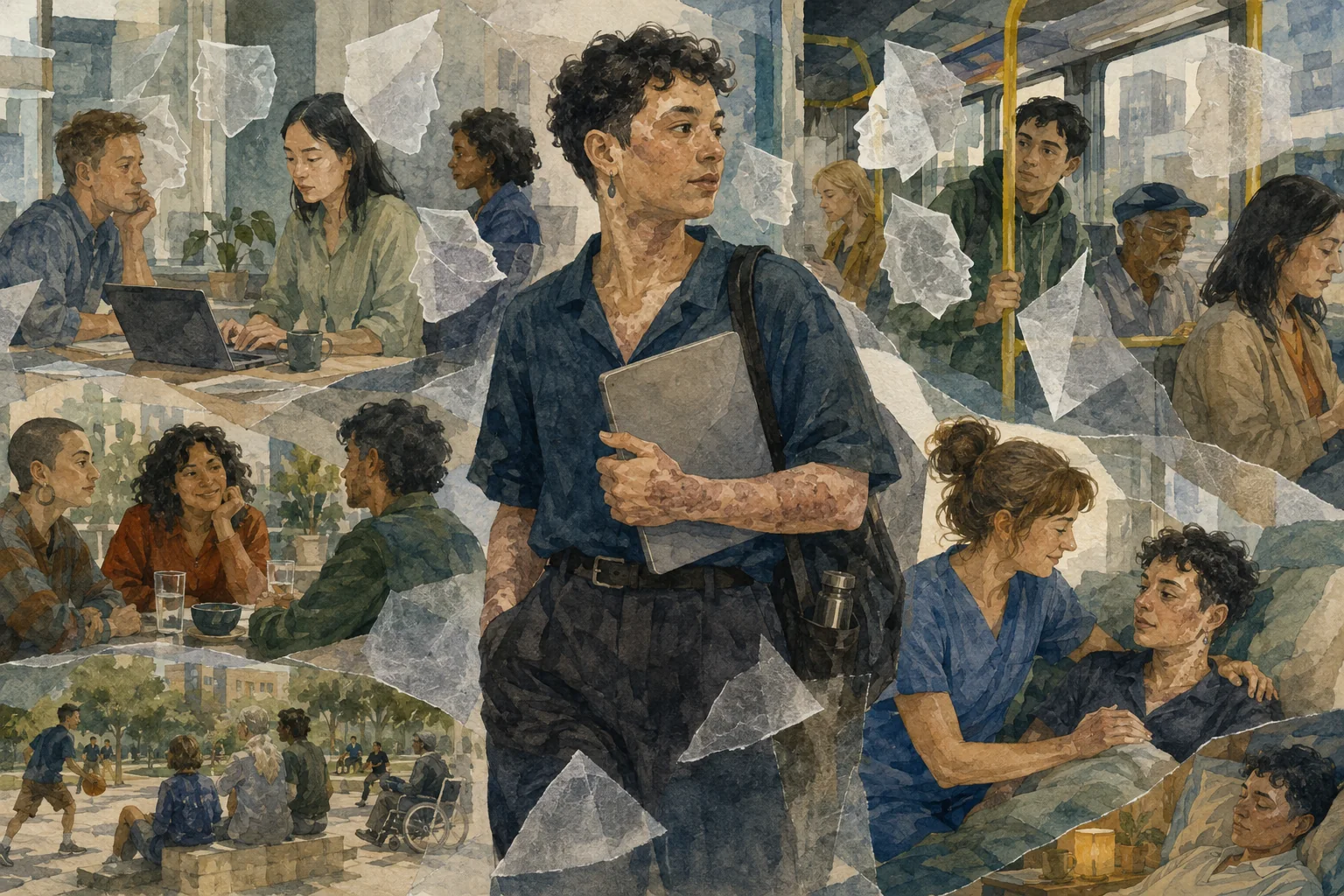 KI-generierte Illustration: Eine fiktive Person mit sichtbarer, nicht grafischer Hautveränderung bewegt sich durch Arbeit, Nahverkehr und soziale Begegnungen zwischen abstrakten Blicken und pflegerischer Unterstützung
