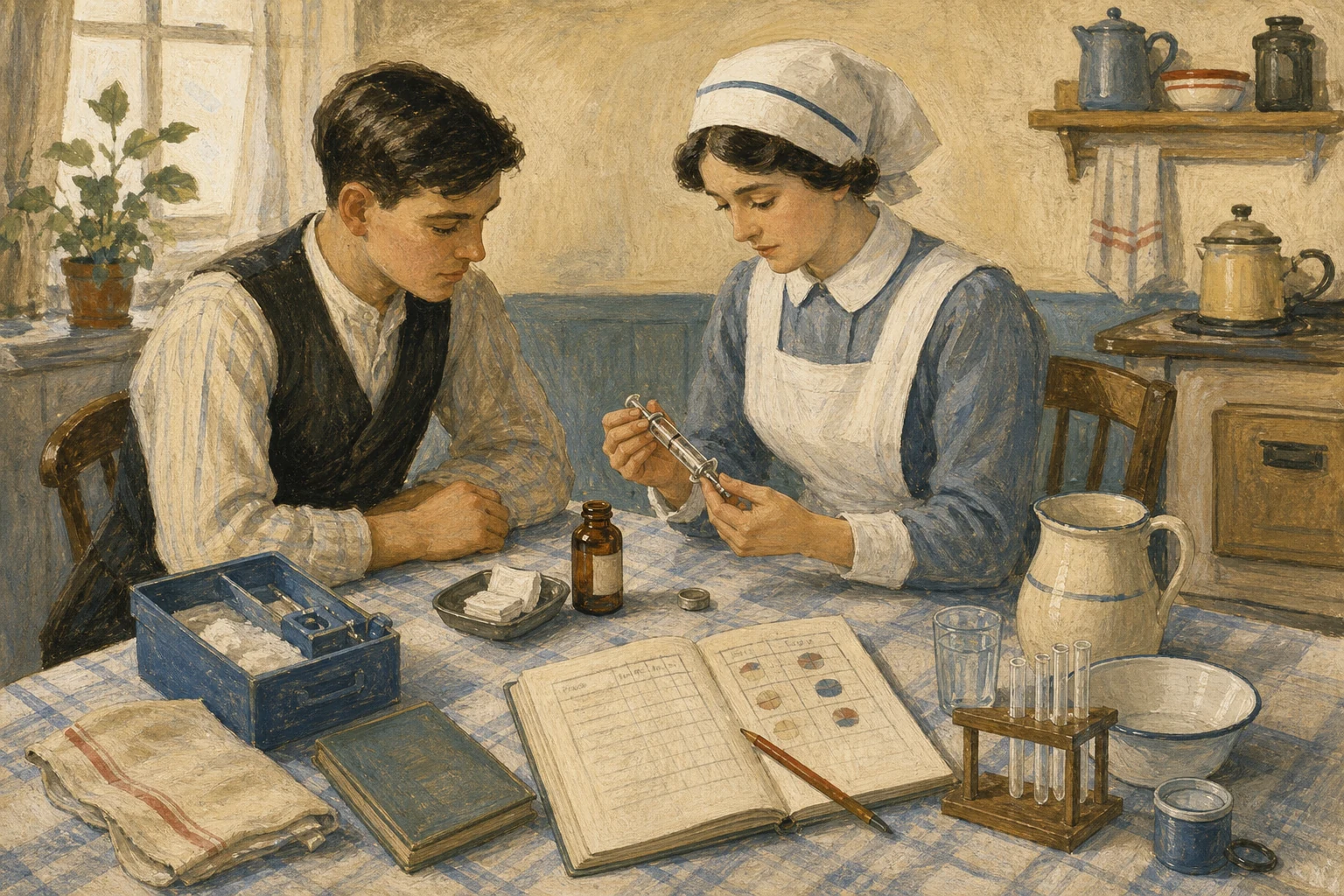 KI-generierte Illustration: Eine fiktive Pflegefachperson und ein junger Erwachsener ordnen in einer Küche der 1920er Jahre Spritze, unbeschriftetes Fläschchen, Mahlzeit und Testmaterial