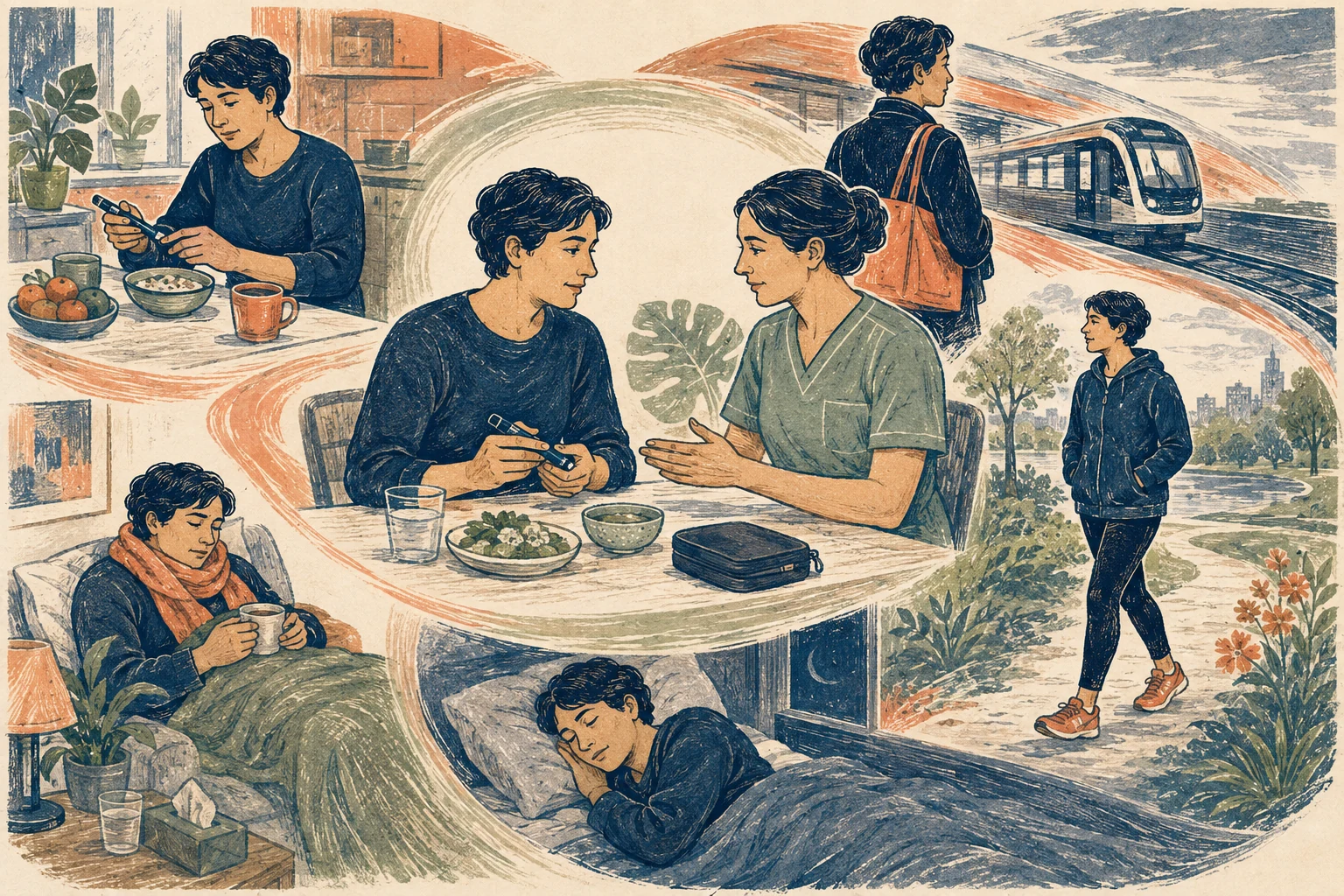 KI-generierte Illustration: Dieselbe fiktive Person koordiniert Diabetes bei Frühstück, Arbeitsweg, Bewegung, Krankheit und Schlaf und bespricht den Alltag mit einer Pflegefachperson