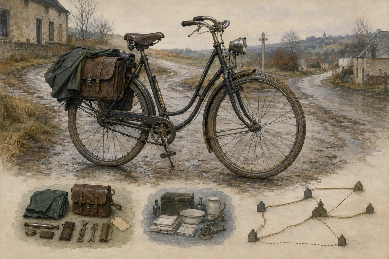 KI-generierte Illustration: Ein gebrauchtes historisches Dienstfahrrad steht mit Pflegetasche, Regenschutz und schematischer Routenkarte vor einer neutralen Wand